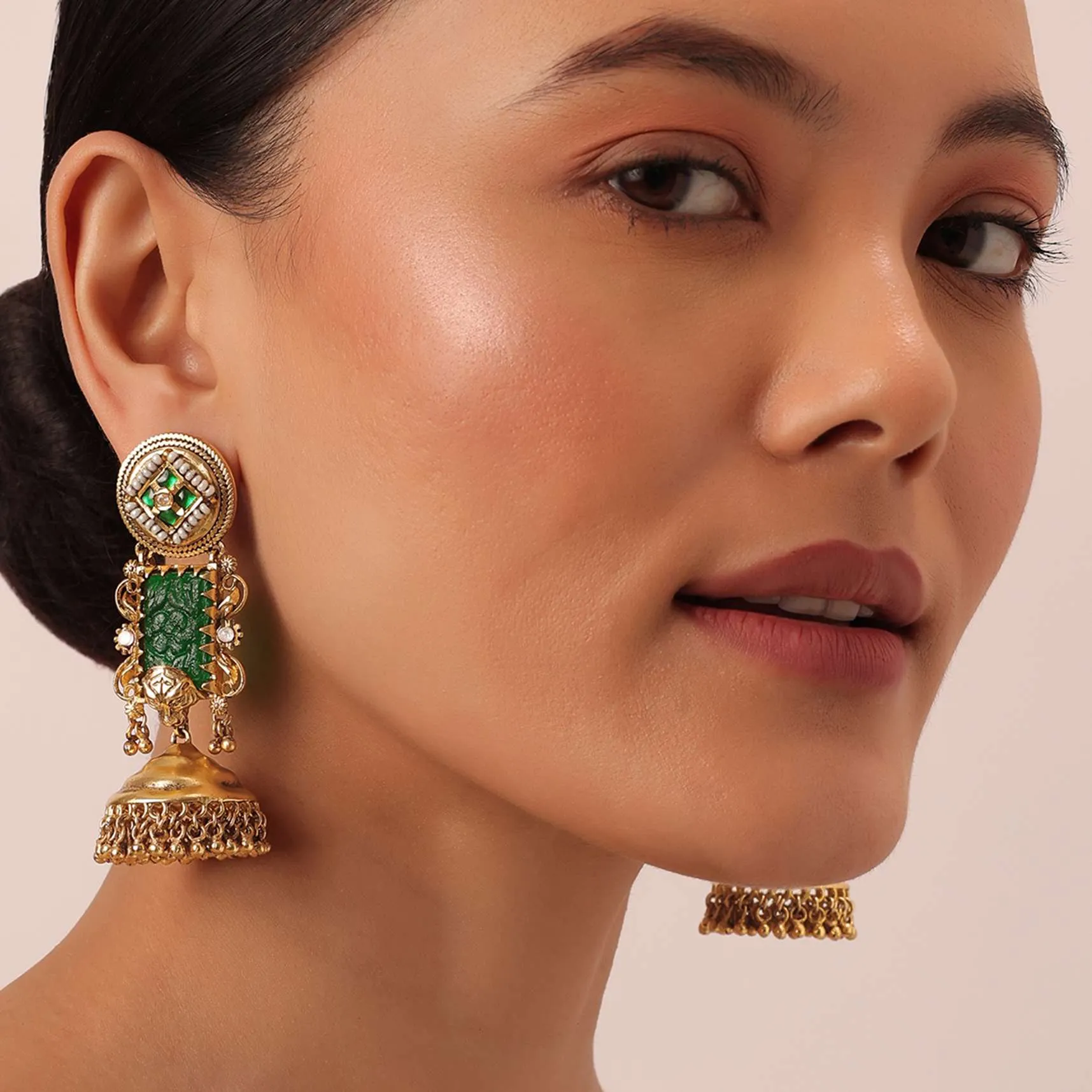 Gold Finish Meenakari Temple Earrings With Bead Drops