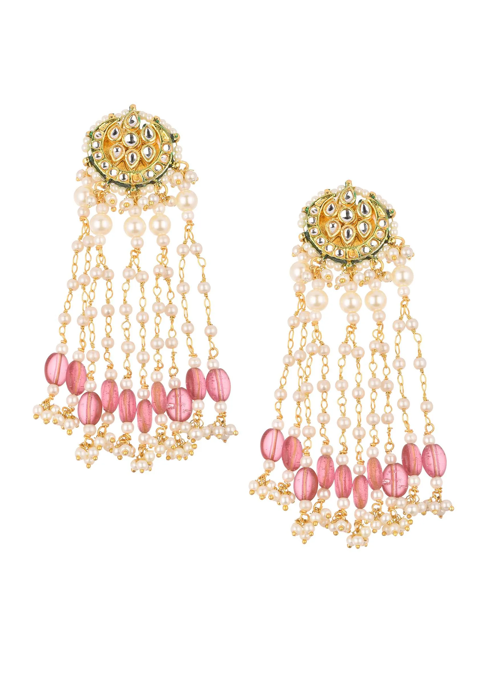 Gold Finish Mix Metal Danglers With Pink Beads