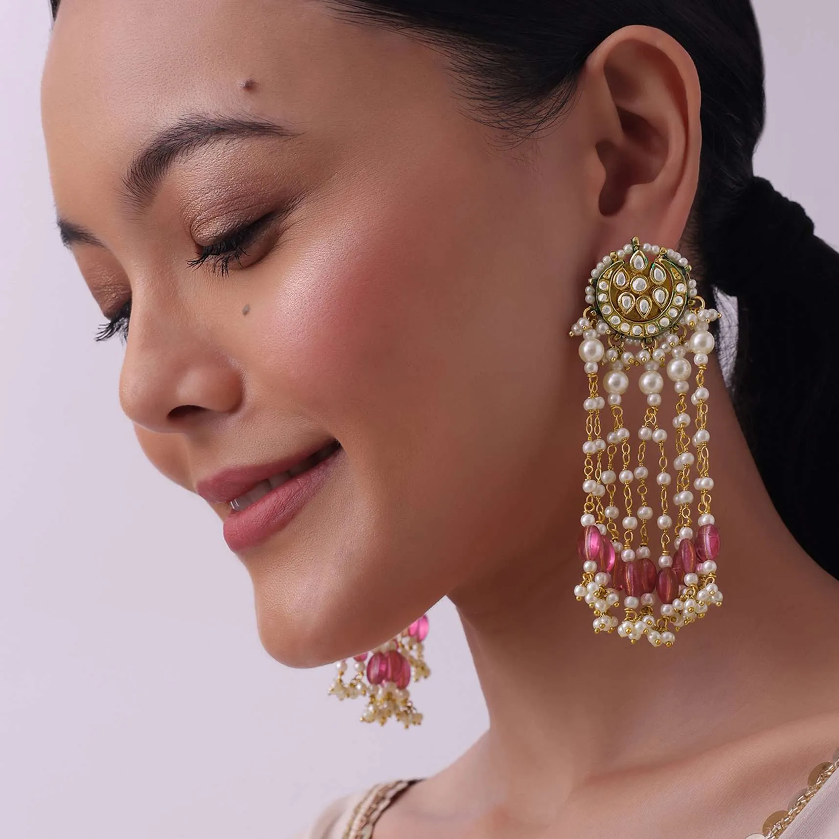 Gold Finish Mix Metal Danglers With Pink Beads