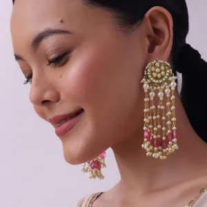 Gold Finish Mix Metal Danglers With Pink Beads