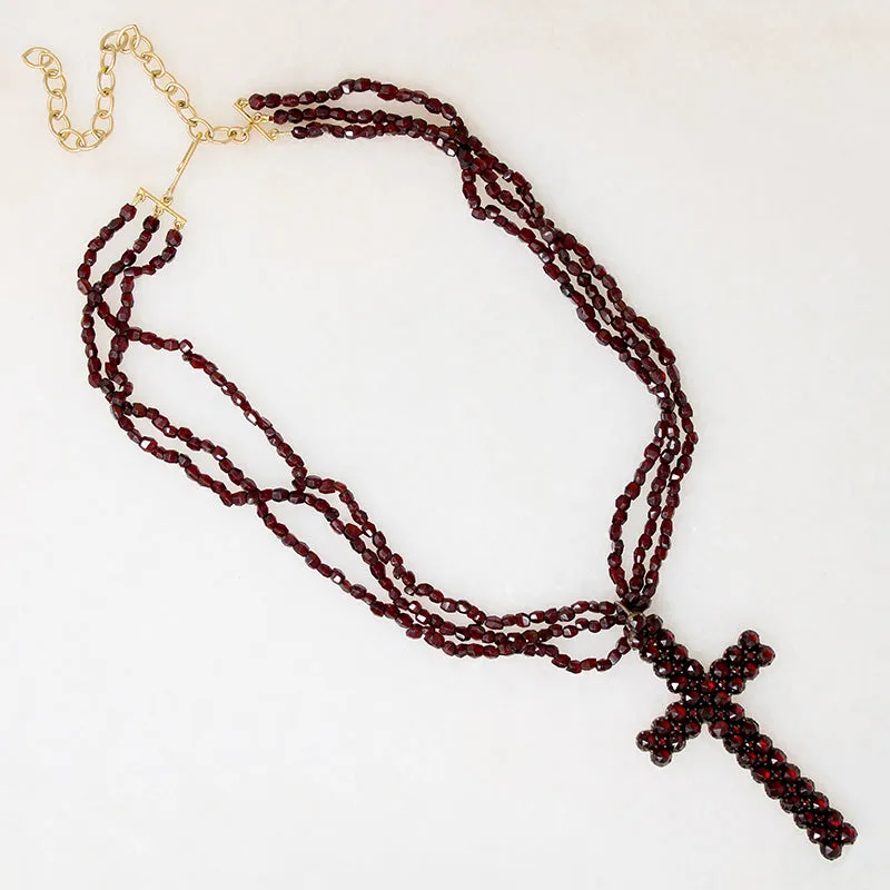Gothic Romance Pavé Garnet Cross on Antique Beads