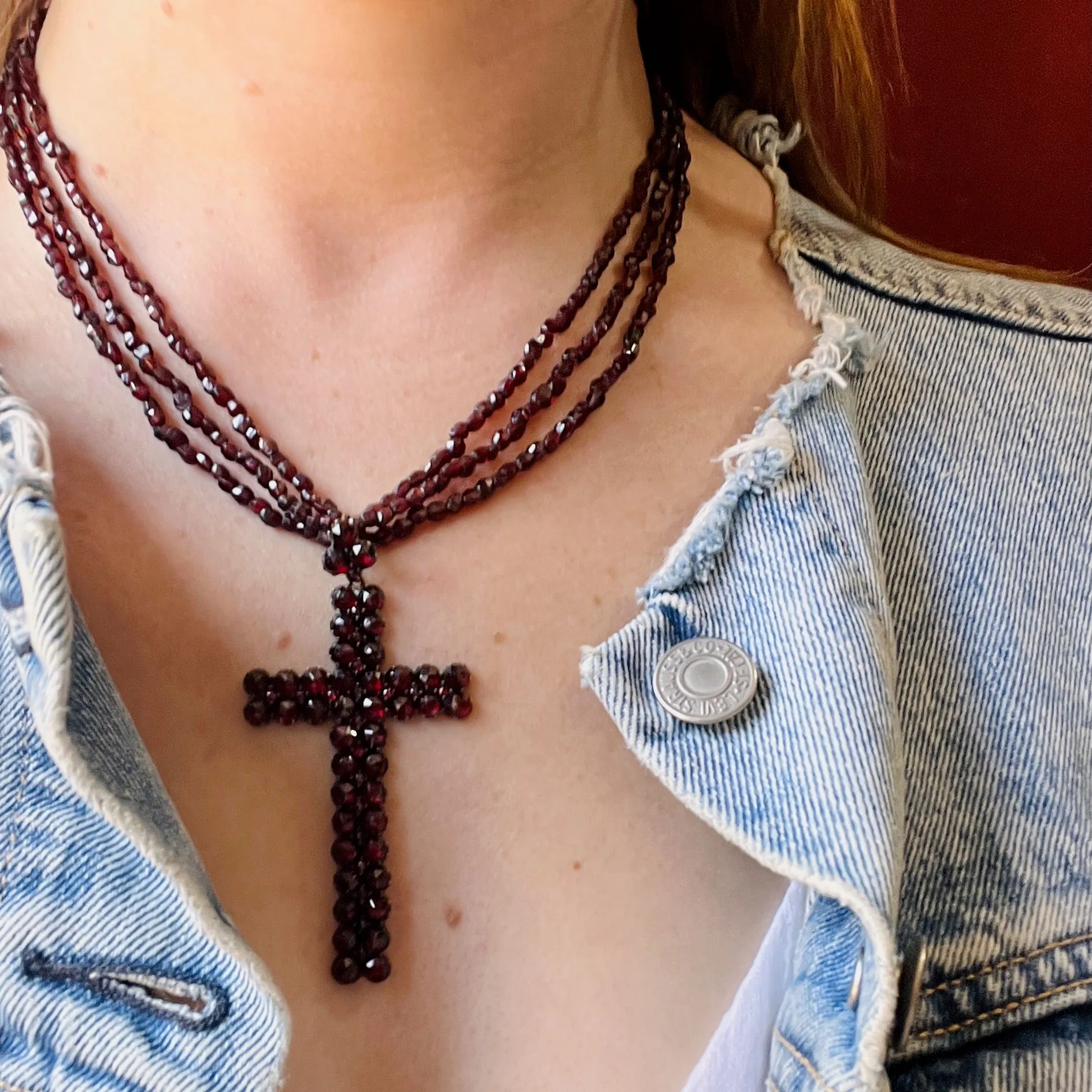 Gothic Romance Pavé Garnet Cross on Antique Beads