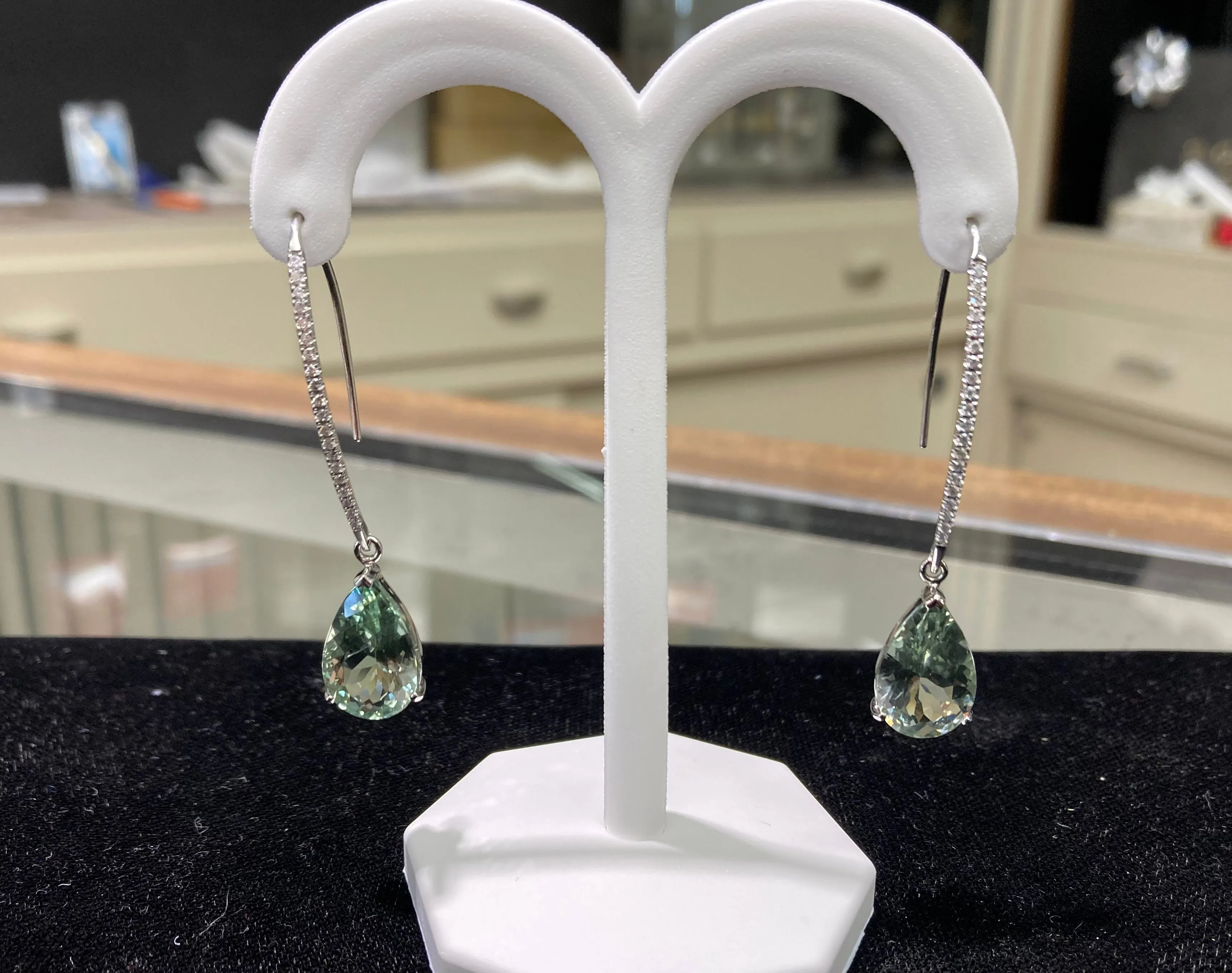 Green Amethyst And Diamond White Gold Dangle Earrings