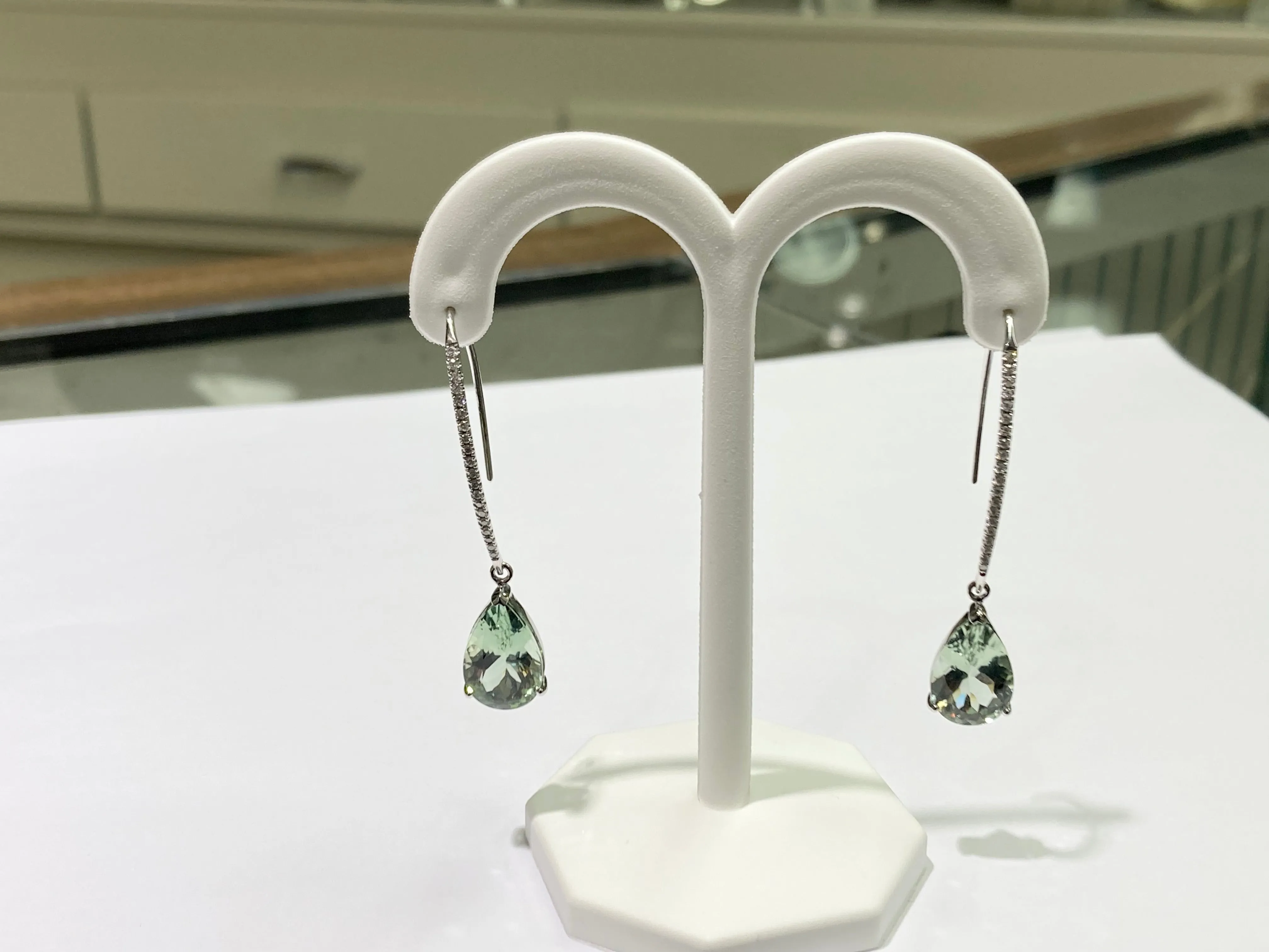 Green Amethyst And Diamond White Gold Dangle Earrings