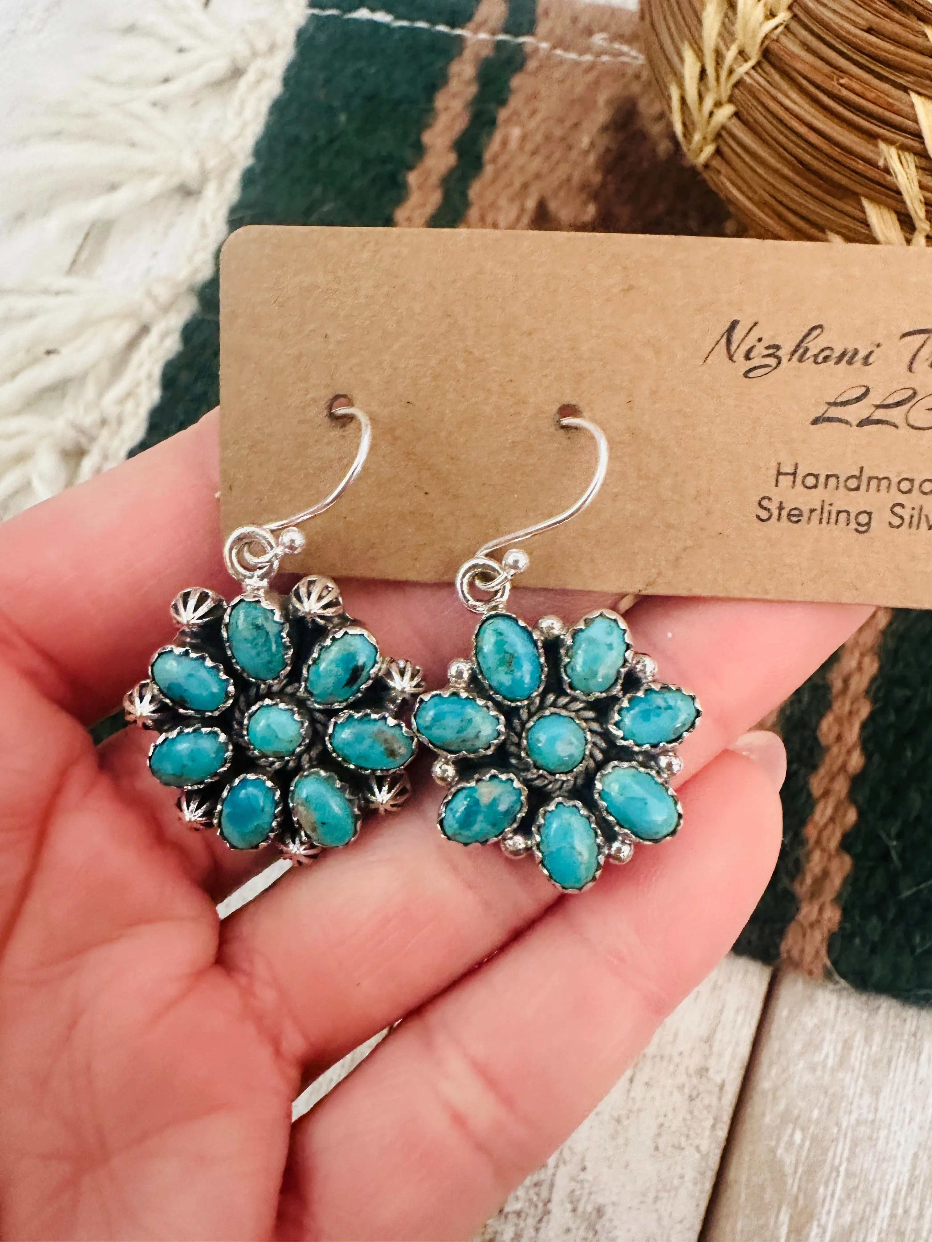 Handmade Turquoise & Sterling Silver Cluster Dangle Earrings