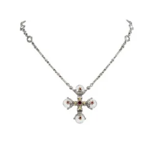 Konstantino Pythia Silver and 18K Gold Cross Necklace with Crystal, Corundum & Rhodolite