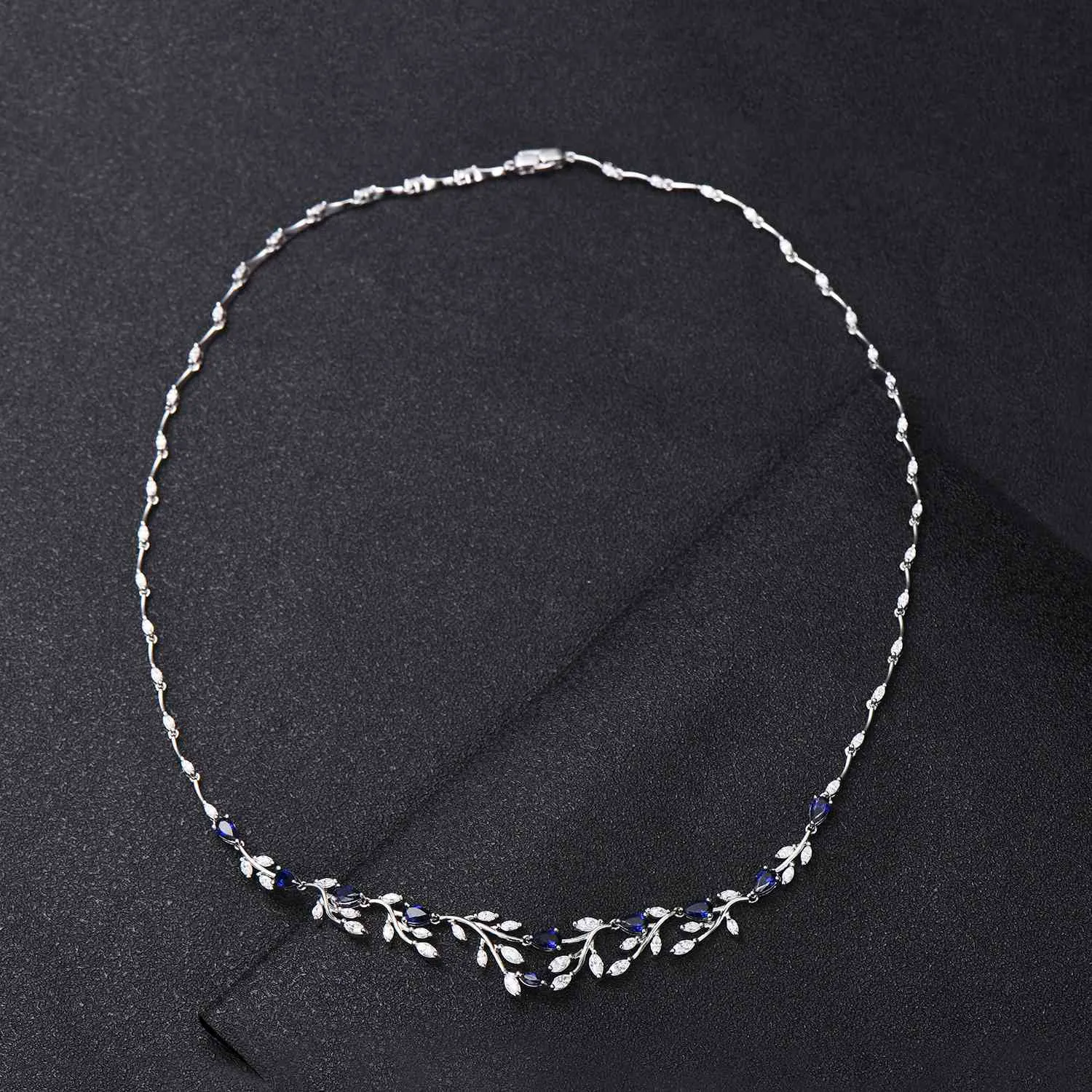 Lab-Created Blue Sapphire Necklace, Blue Gemstone Necklace,Leaf Marquise Moissanite Wedding Jewelry ,Vine Leaf Blue Bridal Wedding Necklace