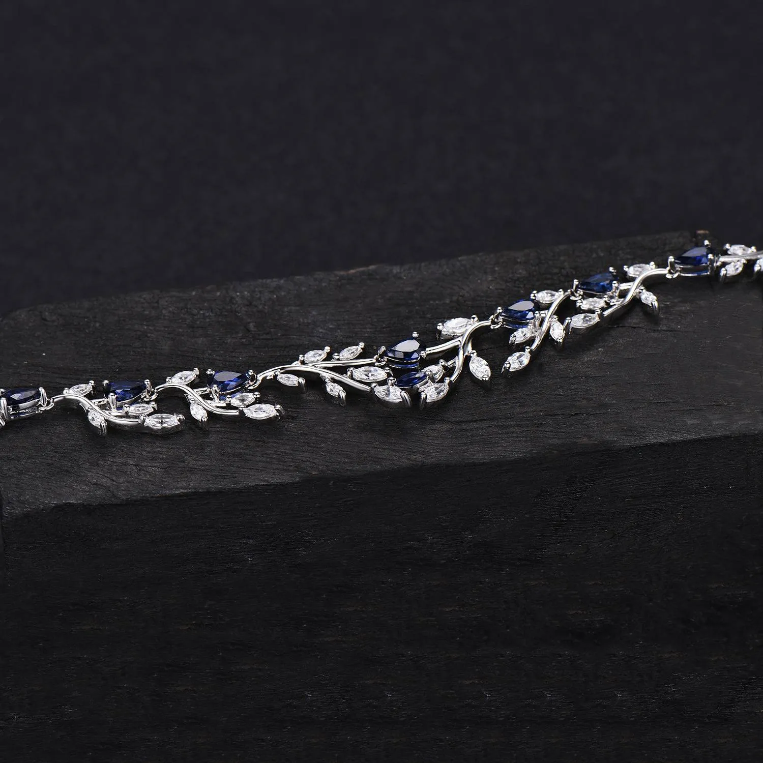 Lab-Created Blue Sapphire Necklace, Blue Gemstone Necklace,Leaf Marquise Moissanite Wedding Jewelry ,Vine Leaf Blue Bridal Wedding Necklace