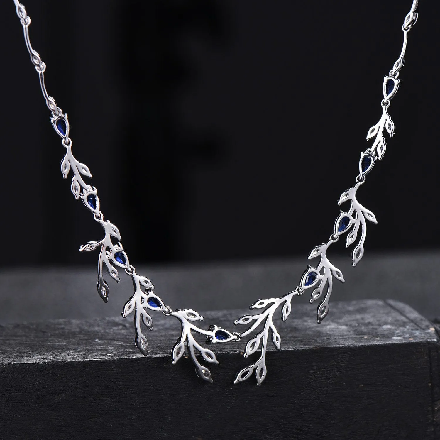 Lab-Created Blue Sapphire Necklace, Blue Gemstone Necklace,Leaf Marquise Moissanite Wedding Jewelry ,Vine Leaf Blue Bridal Wedding Necklace