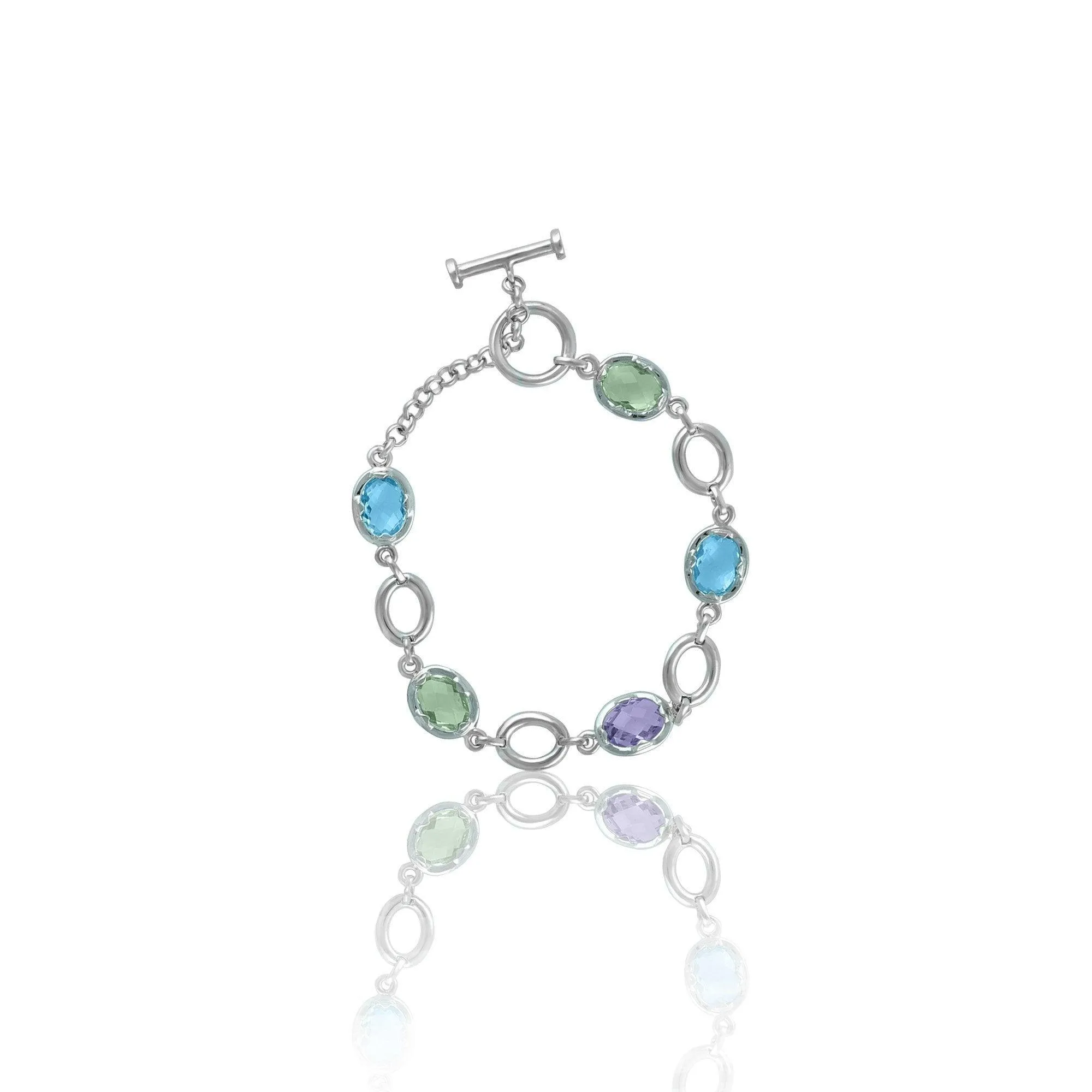Link Bracelet - Blue Topaz, Pink and Green Amethyst Bracelet in Silver