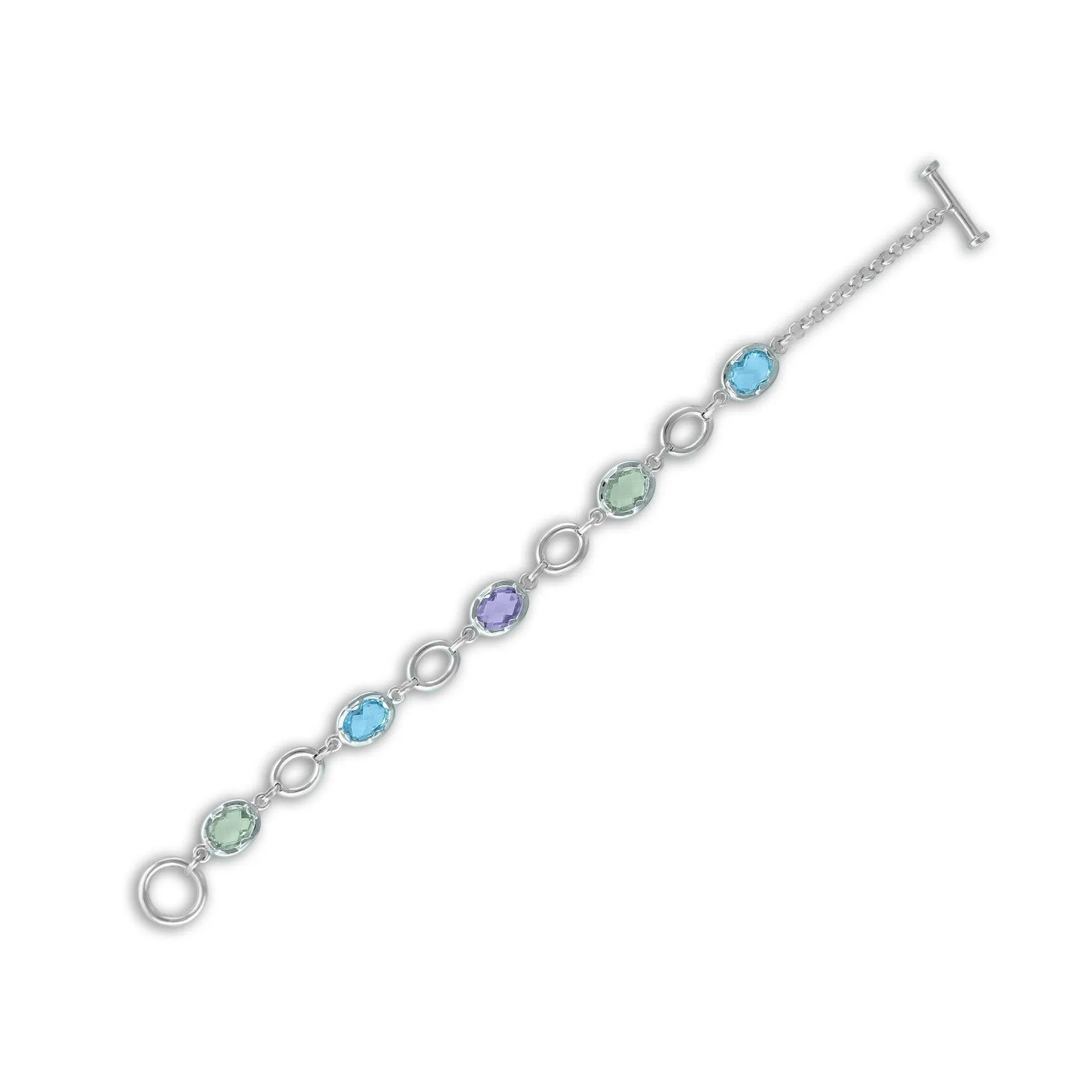 Link Bracelet - Blue Topaz, Pink and Green Amethyst Bracelet in Silver