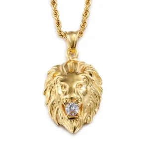 Lion Head with Zircon Amulet Pendant Necklace for Protection,Success and Prosperity Man and Woman