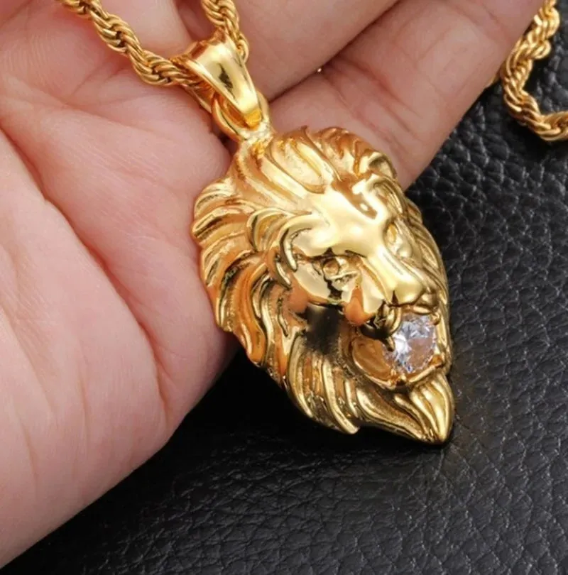 Lion Head with Zircon Amulet Pendant Necklace for Protection,Success and Prosperity Man and Woman