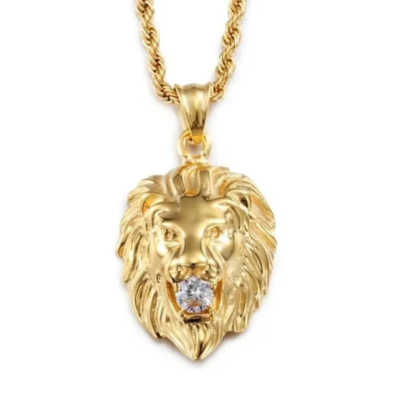 Lion Head with Zircon Amulet Pendant Necklace for Protection,Success and Prosperity Man and Woman