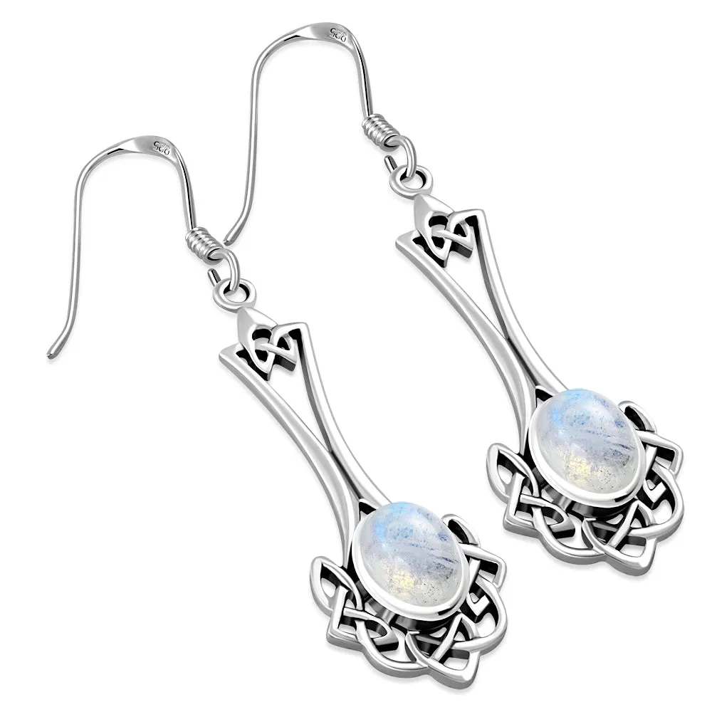 Long Rainbow Moonstone Celtic Knot Silver Earrings Set