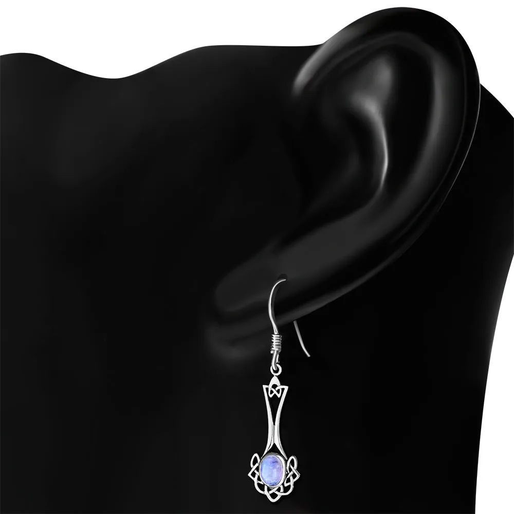 Long Rainbow Moonstone Celtic Knot Silver Earrings Set
