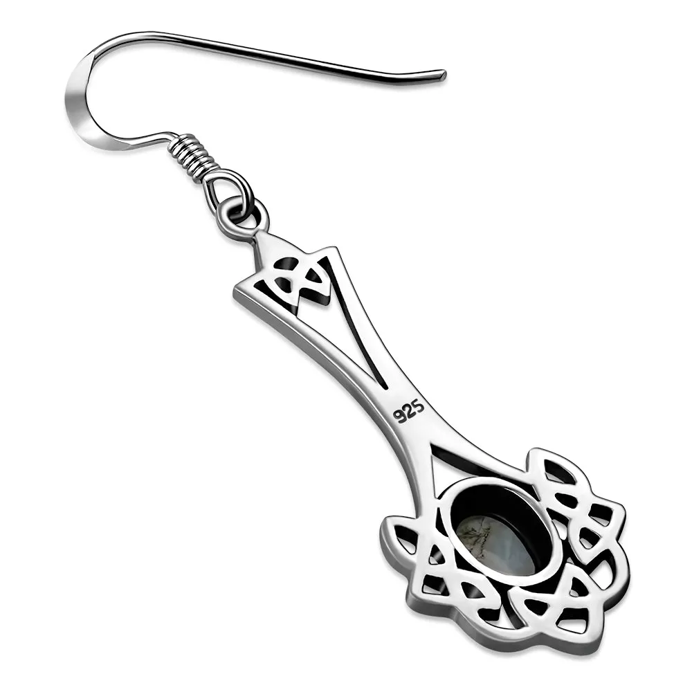 Long Rainbow Moonstone Celtic Knot Silver Earrings Set