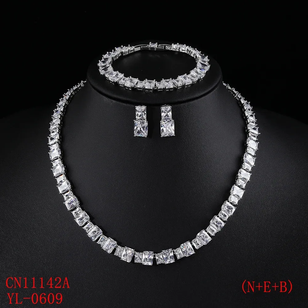 Luxury Square Shape Cubic Zircon Necklace Earring Bracelet 3Piece Jewelry Sets