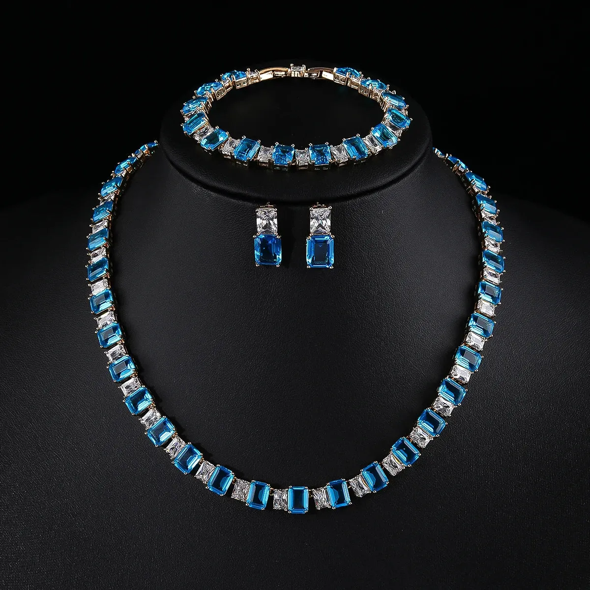 Luxury Square Shape Cubic Zircon Necklace Earring Bracelet 3Piece Jewelry Sets