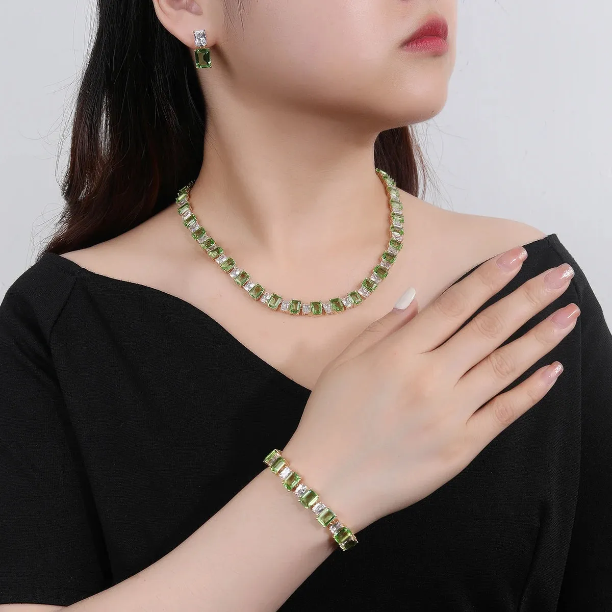 Luxury Square Shape Cubic Zircon Necklace Earring Bracelet 3Piece Jewelry Sets