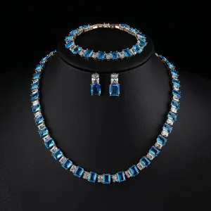 Luxury Square Shape Cubic Zircon Necklace Earring Bracelet 3Piece Jewelry Sets