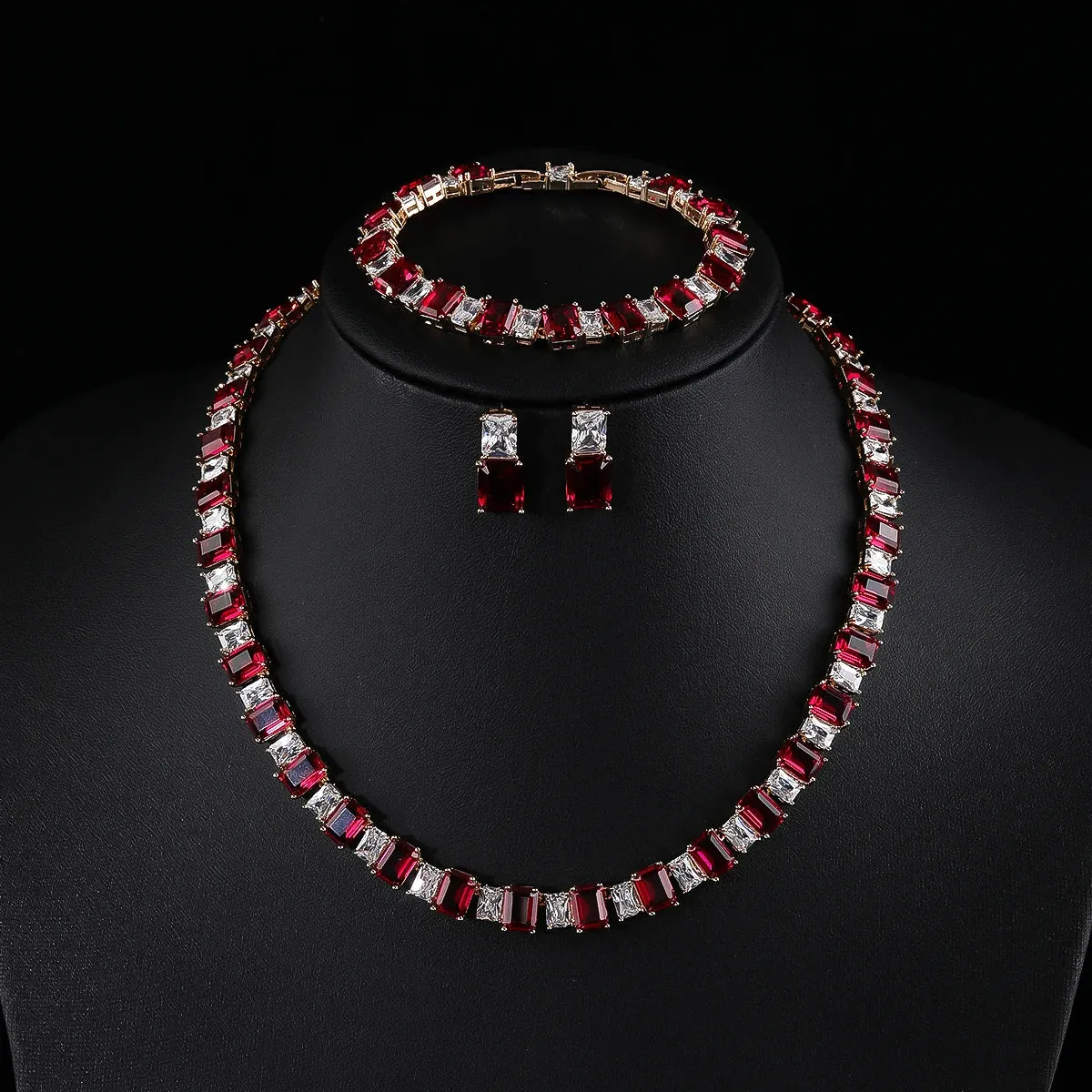 Luxury Square Shape Cubic Zircon Necklace Earring Bracelet 3Piece Jewelry Sets