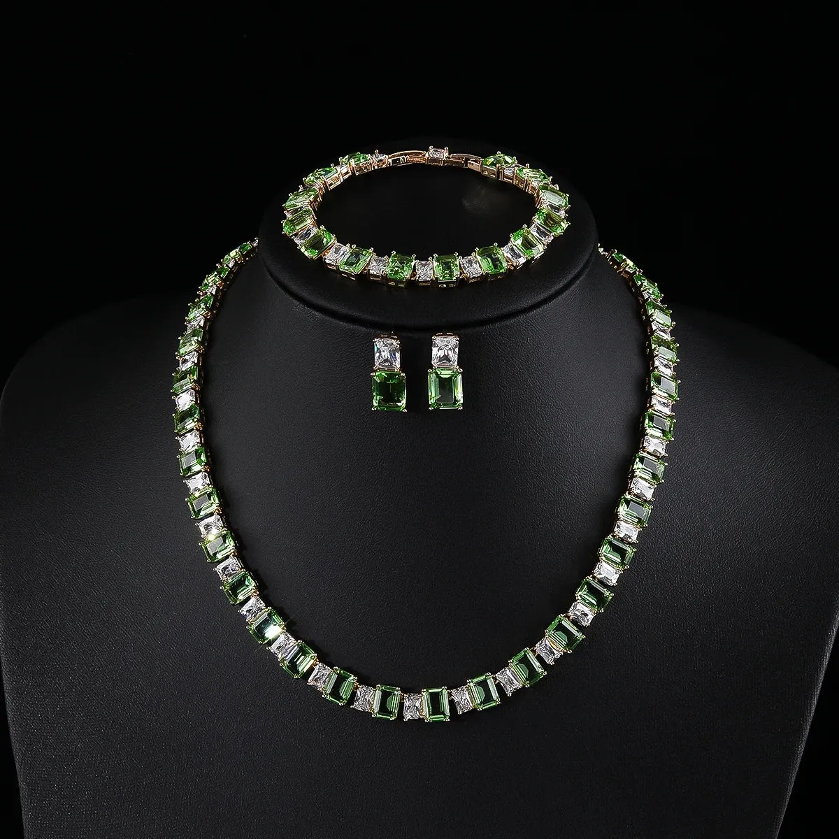 Luxury Square Shape Cubic Zircon Necklace Earring Bracelet 3Piece Jewelry Sets