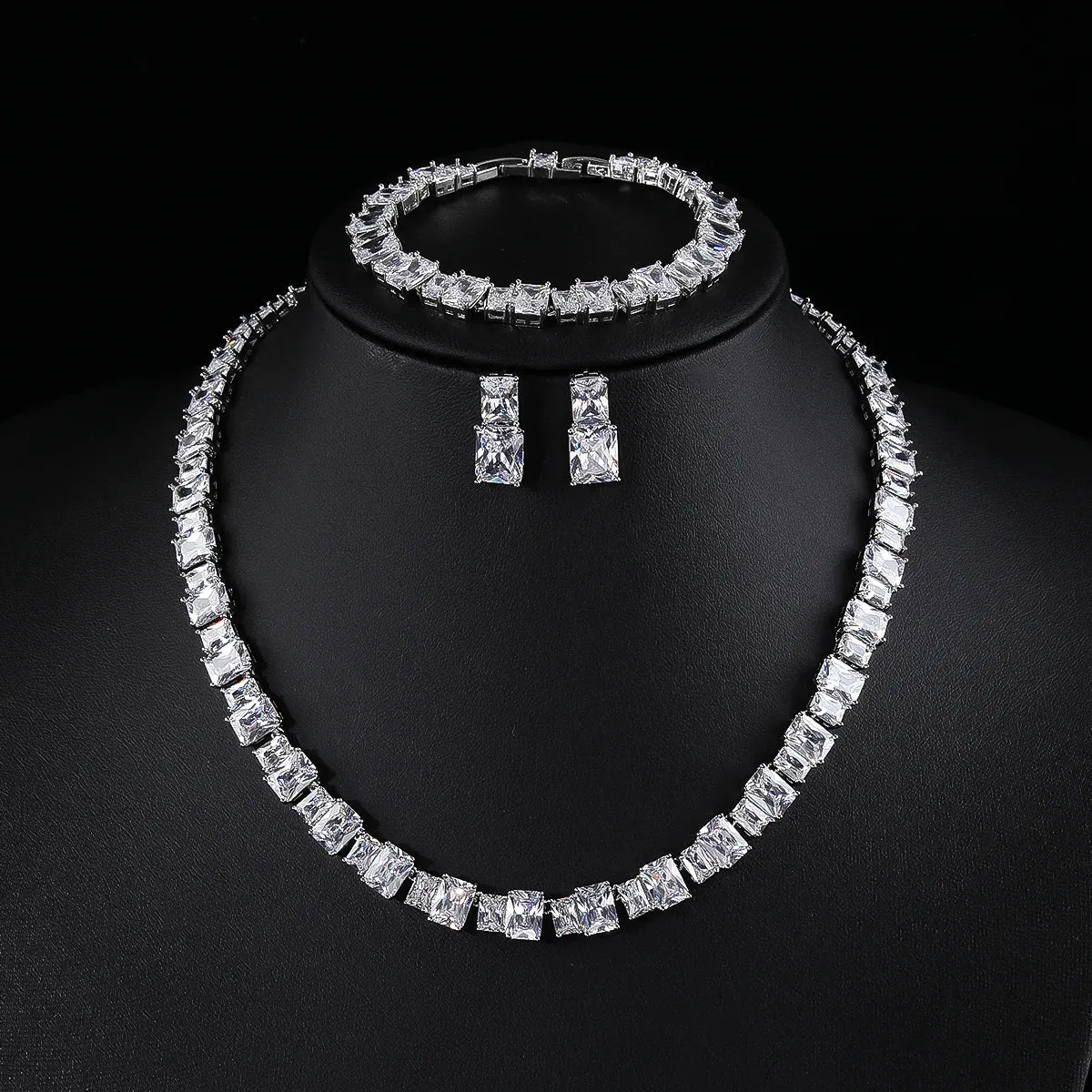 Luxury Square Shape Cubic Zircon Necklace Earring Bracelet 3Piece Jewelry Sets