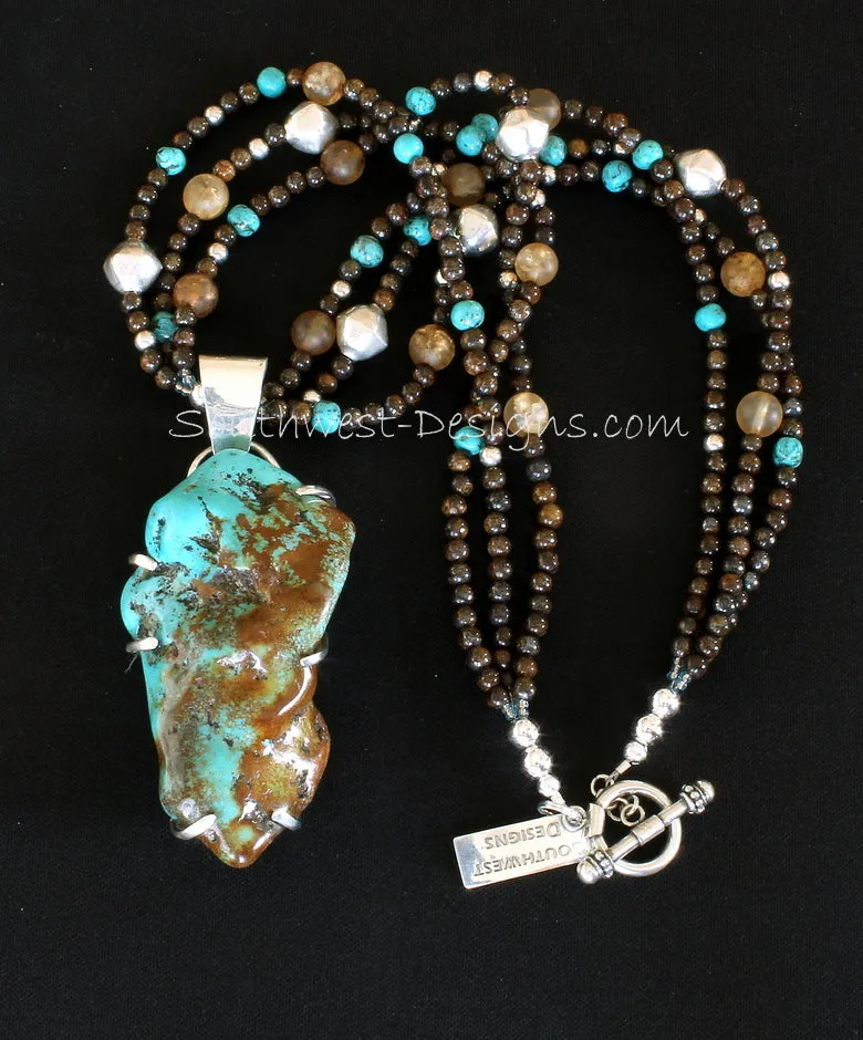 Mexican Flats Turquoise and Sterling Silver Post-Set Pendant with 3 Strands of Bronzite, Amber Quartz, Turquoise and Sterling Silver