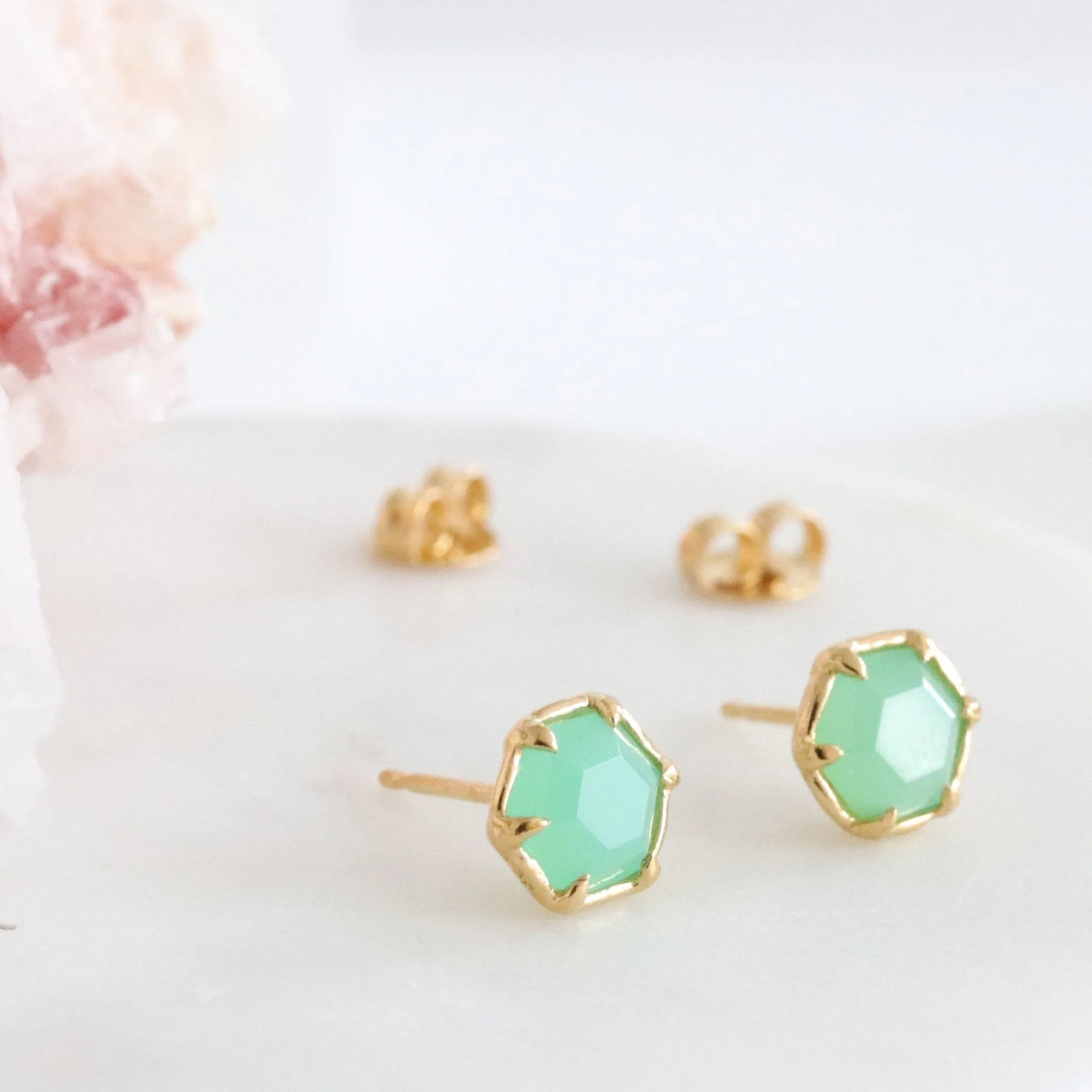 MINI GRACE HEXAGON STUD EARRINGS - CHRYSOPRASE & GOLD