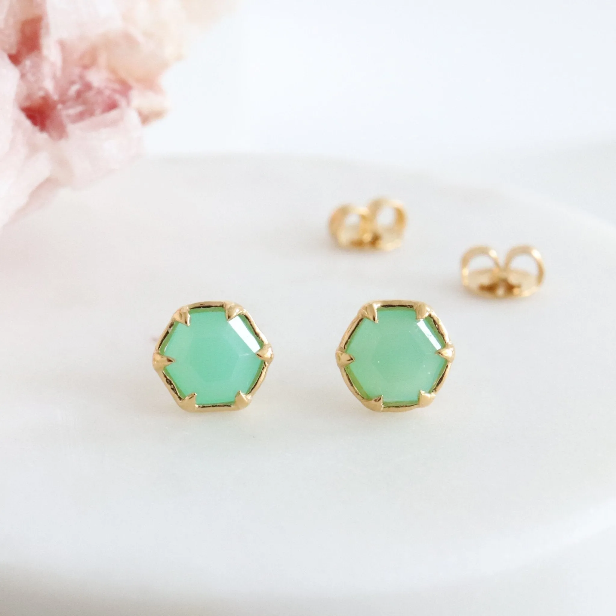 MINI GRACE HEXAGON STUD EARRINGS - CHRYSOPRASE & GOLD