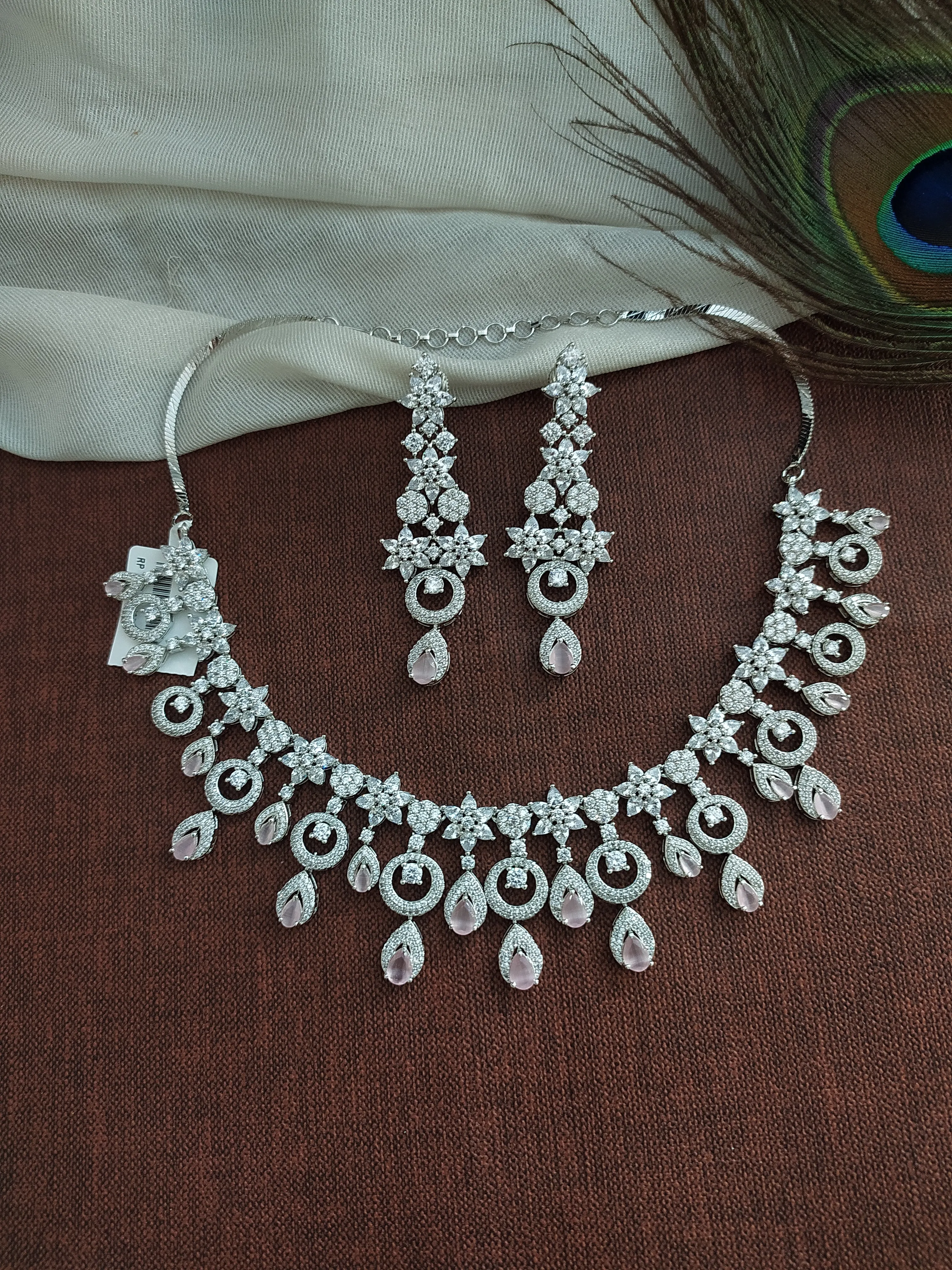 Moon and Star Design Silver Finish Zircon Necklace Set