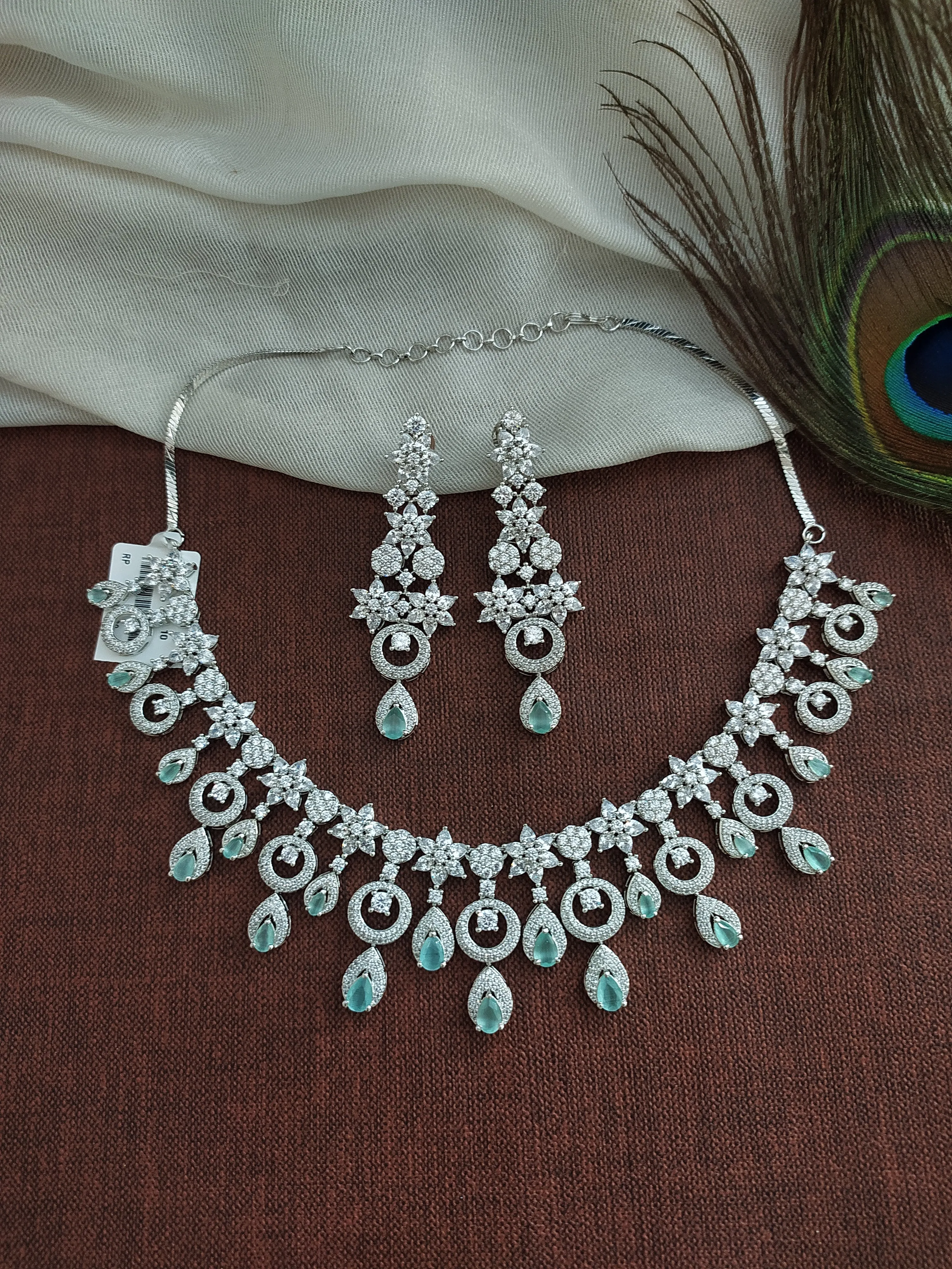 Moon and Star Design Silver Finish Zircon Necklace Set