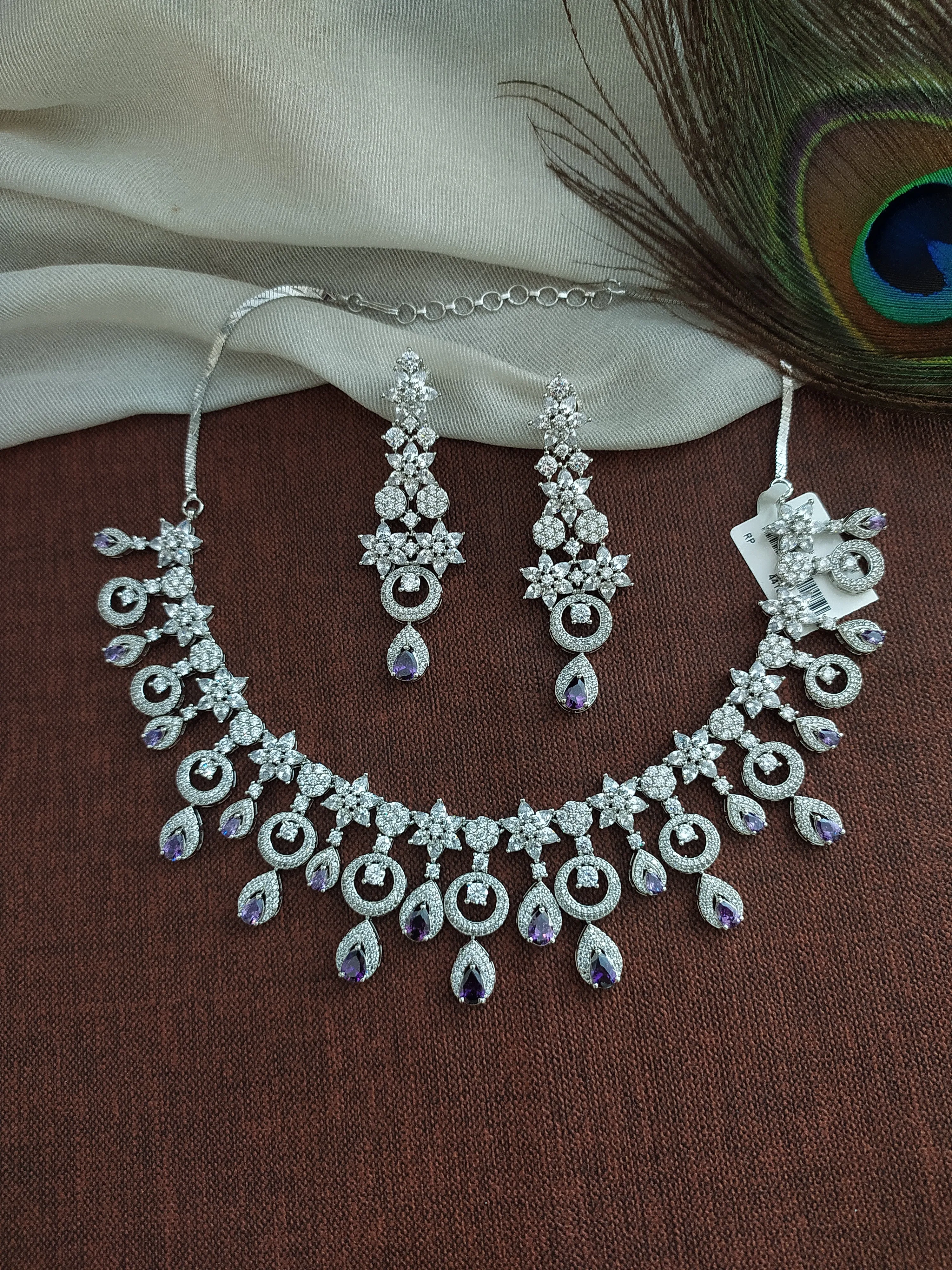 Moon and Star Design Silver Finish Zircon Necklace Set