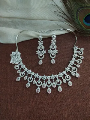 Moon and Star Design Silver Finish Zircon Necklace Set