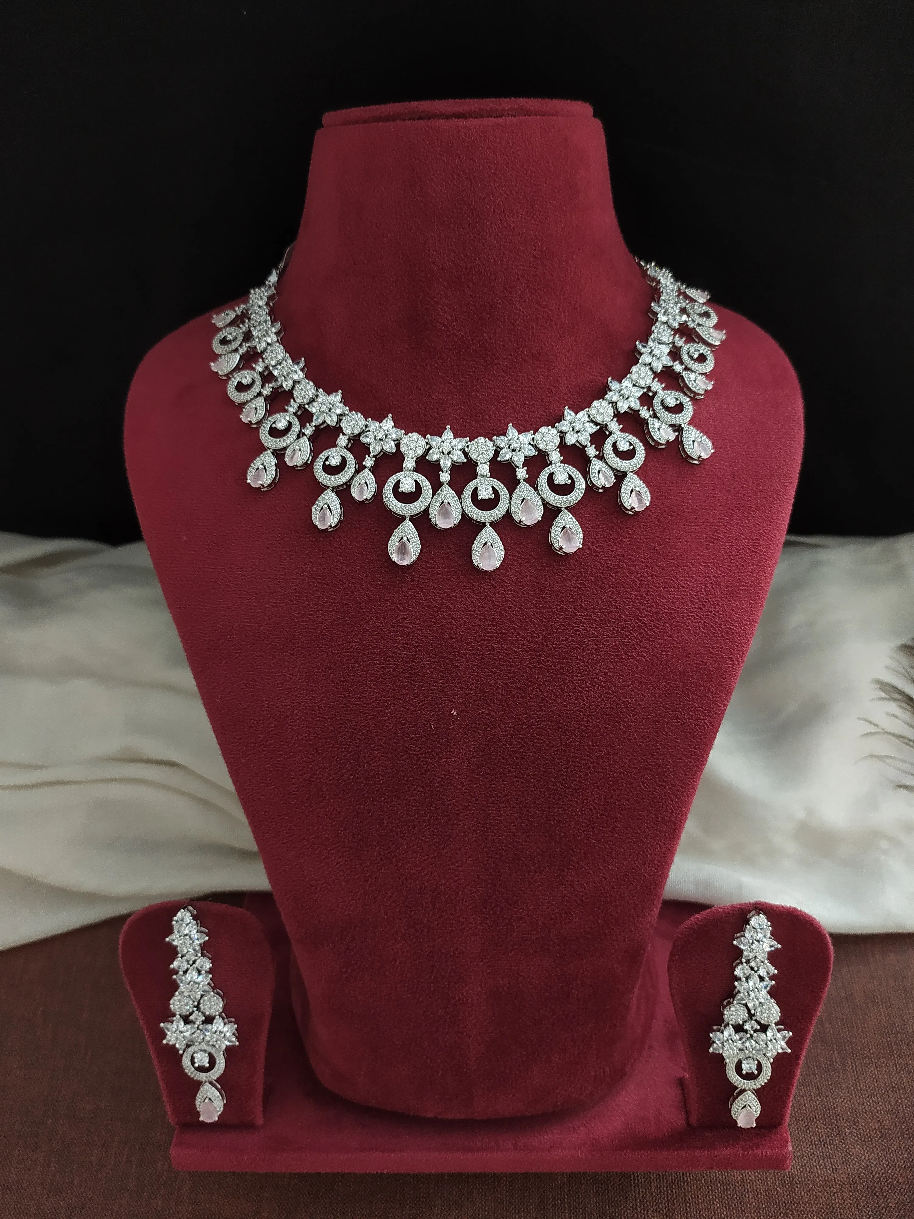 Moon and Star Design Silver Finish Zircon Necklace Set