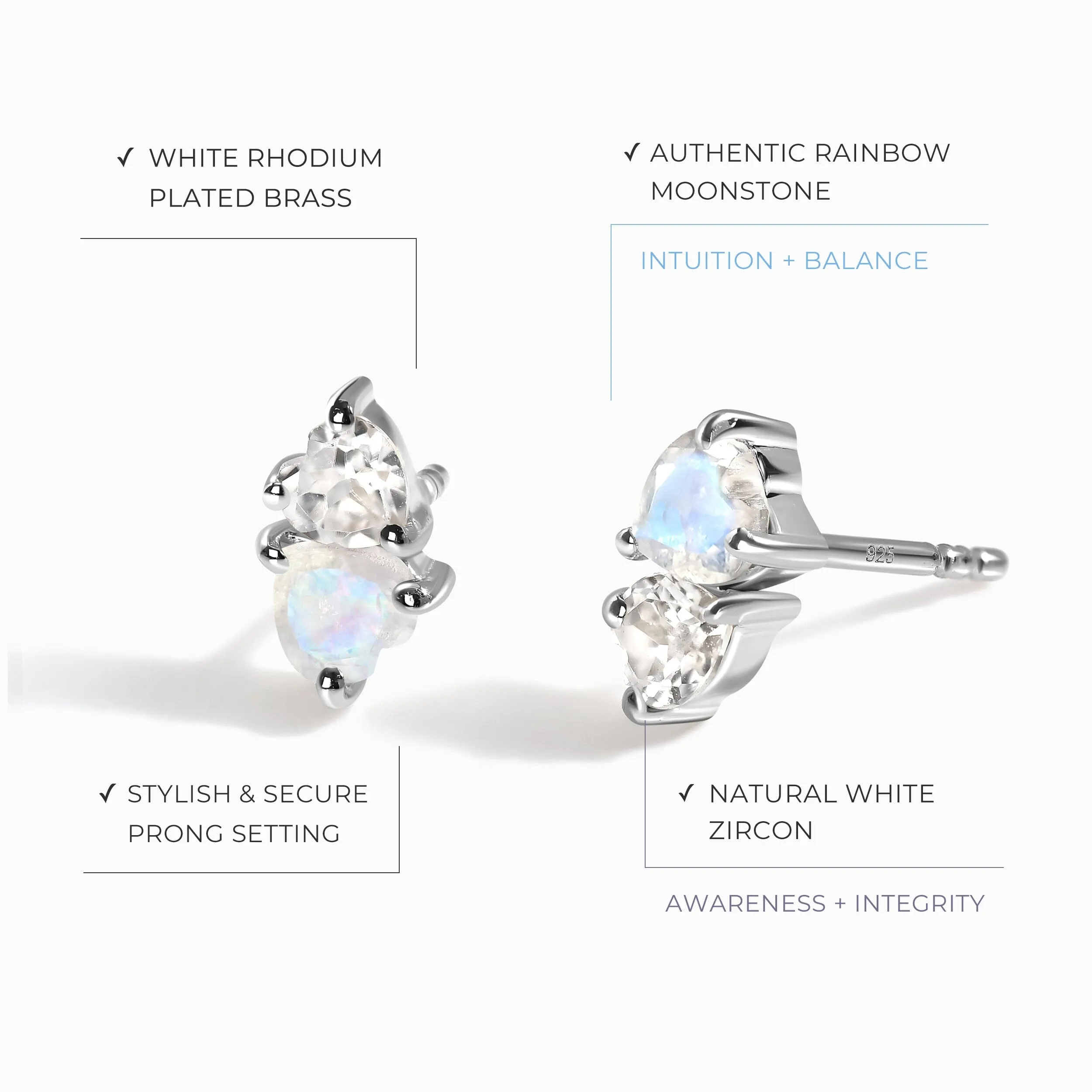 Moonstone & White Zircon Earrings - Floating Hearts