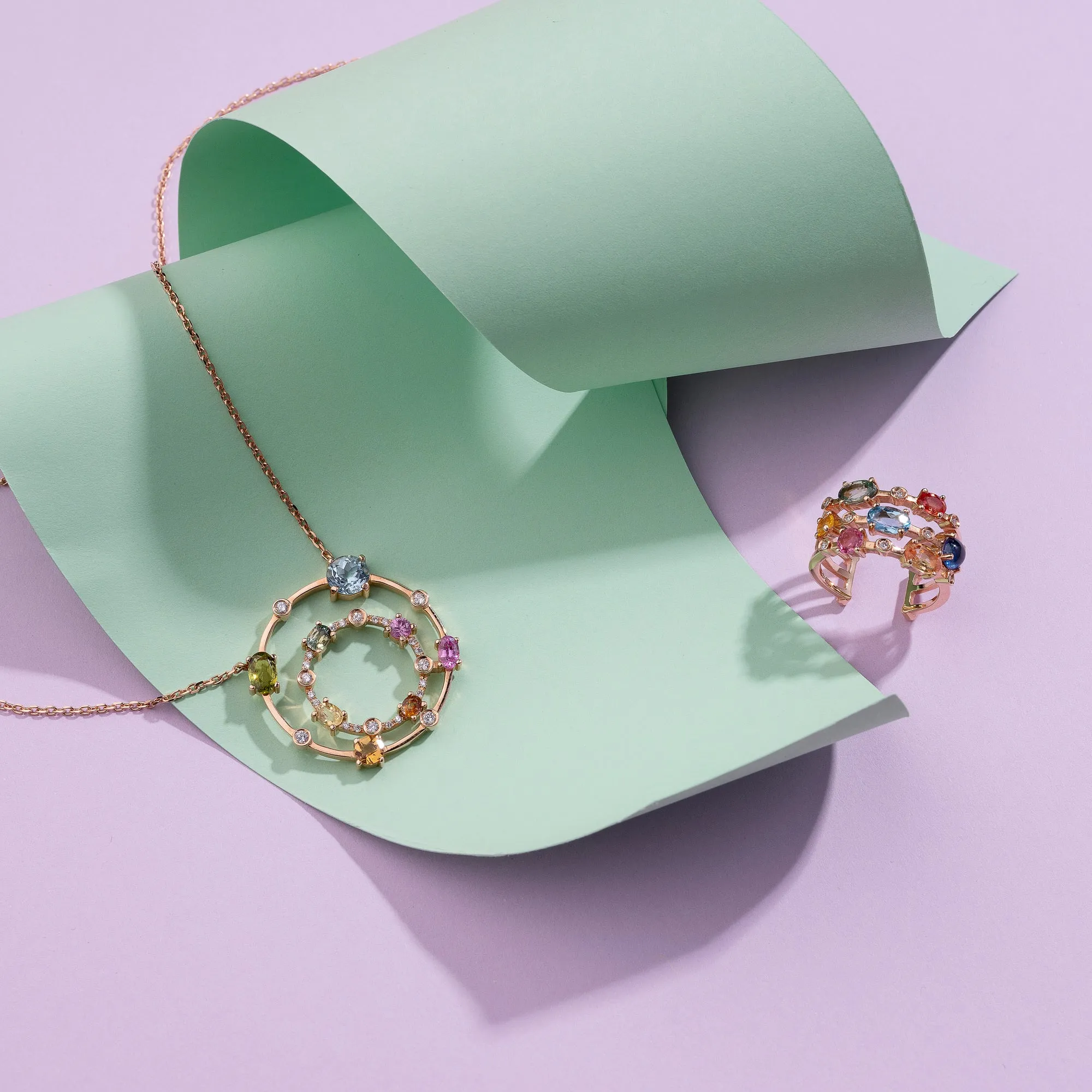 Multi coloured gemstones & diamonds 18k rose gold pendant
