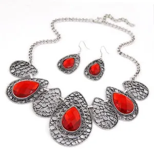 N61 Red Drop Pattern Gemstone Necklace with FREE Earrings