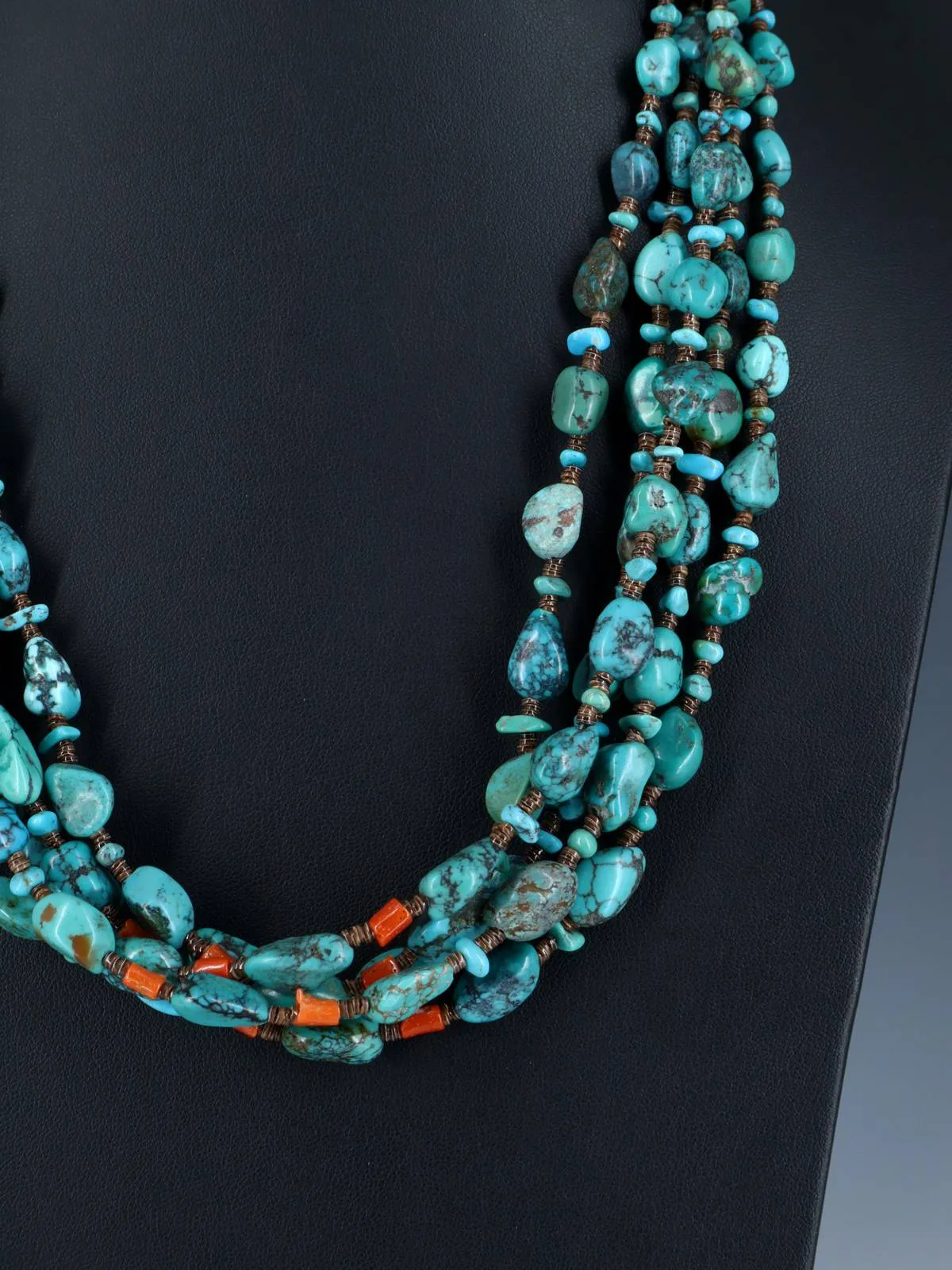Native American Turquoise and Coral Beaded Five Strand Necklace