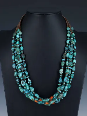 Native American Turquoise and Coral Beaded Five Strand Necklace