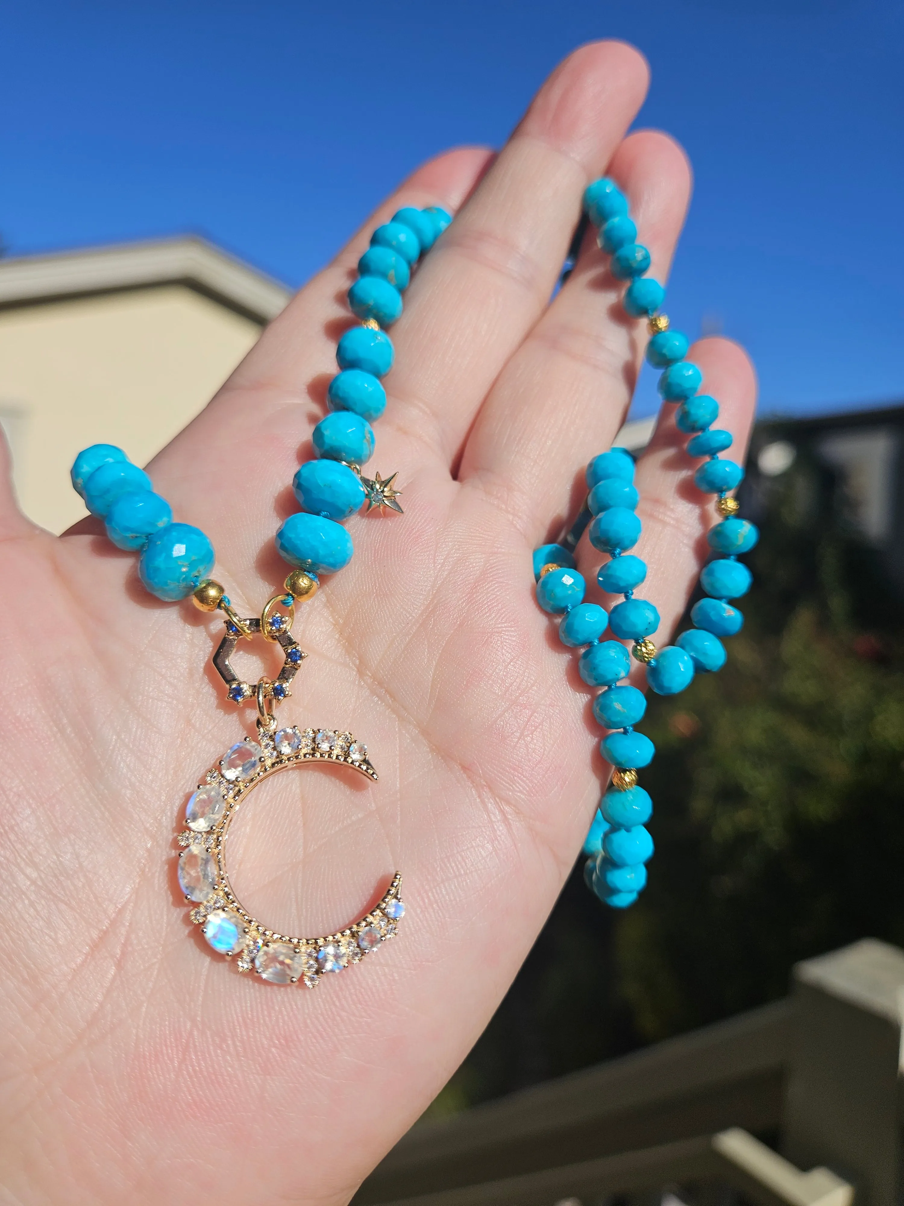 Natural Sleeping Beauty Turquoise Gold Necklace with Blue Sapphire Connector Clasp