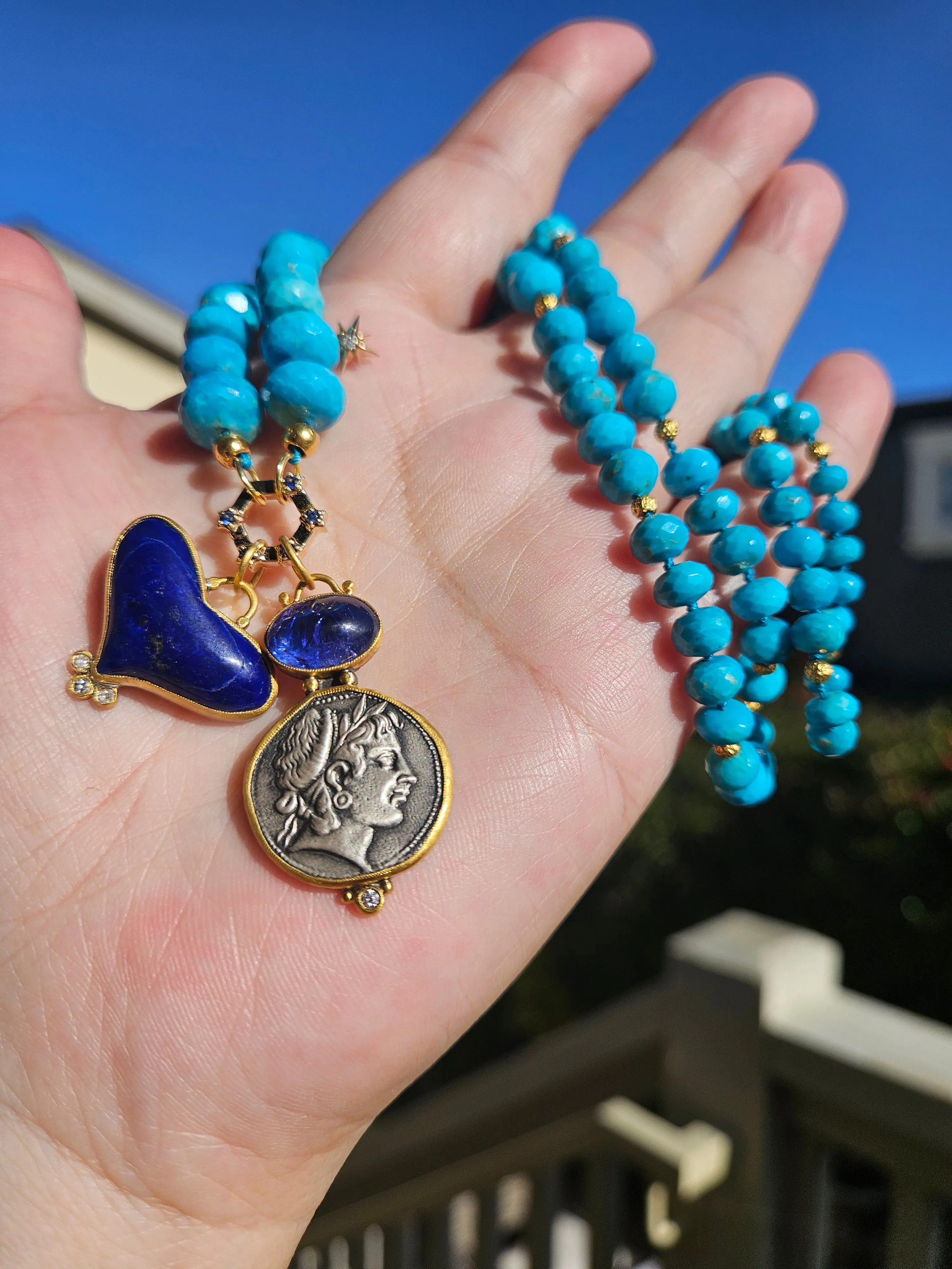 Natural Sleeping Beauty Turquoise Gold Necklace with Blue Sapphire Connector Clasp