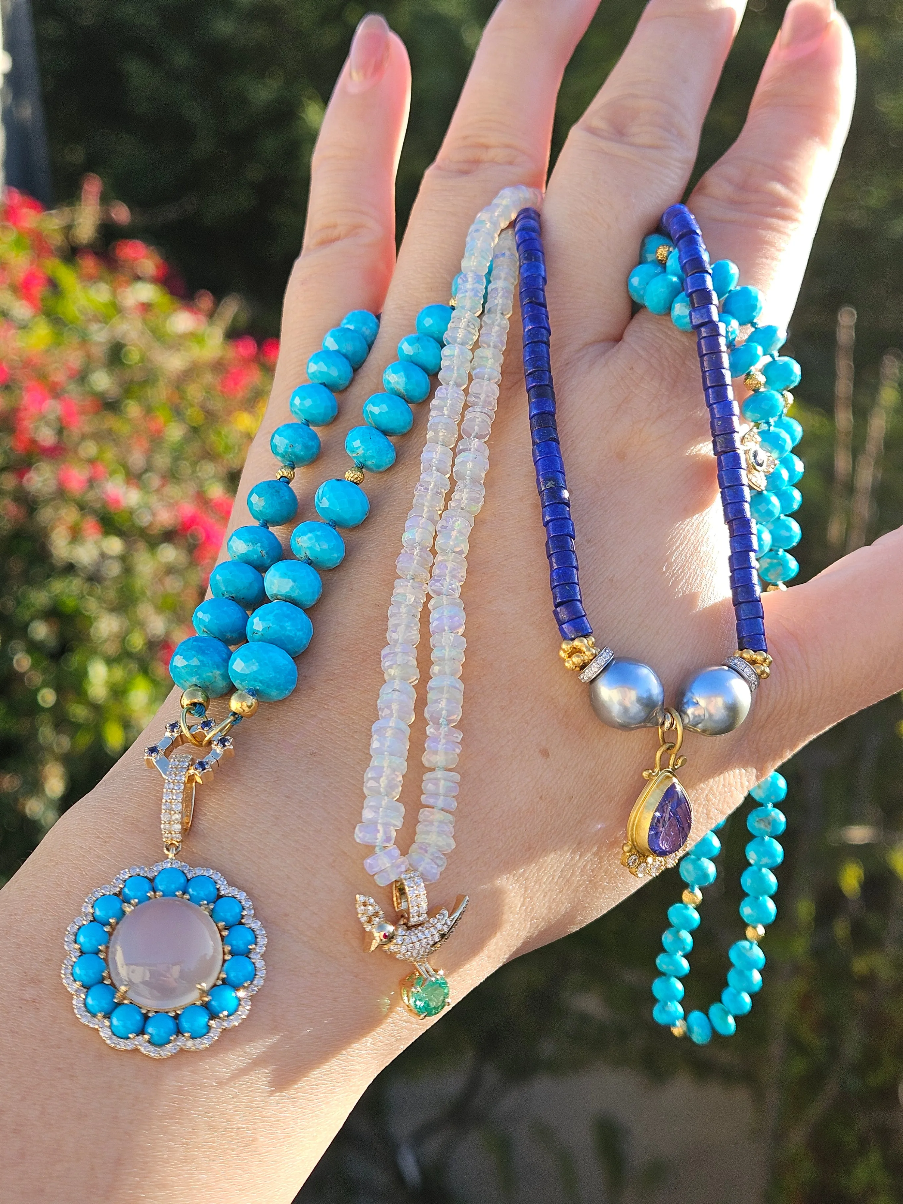 Natural Sleeping Beauty Turquoise Gold Necklace with Blue Sapphire Connector Clasp