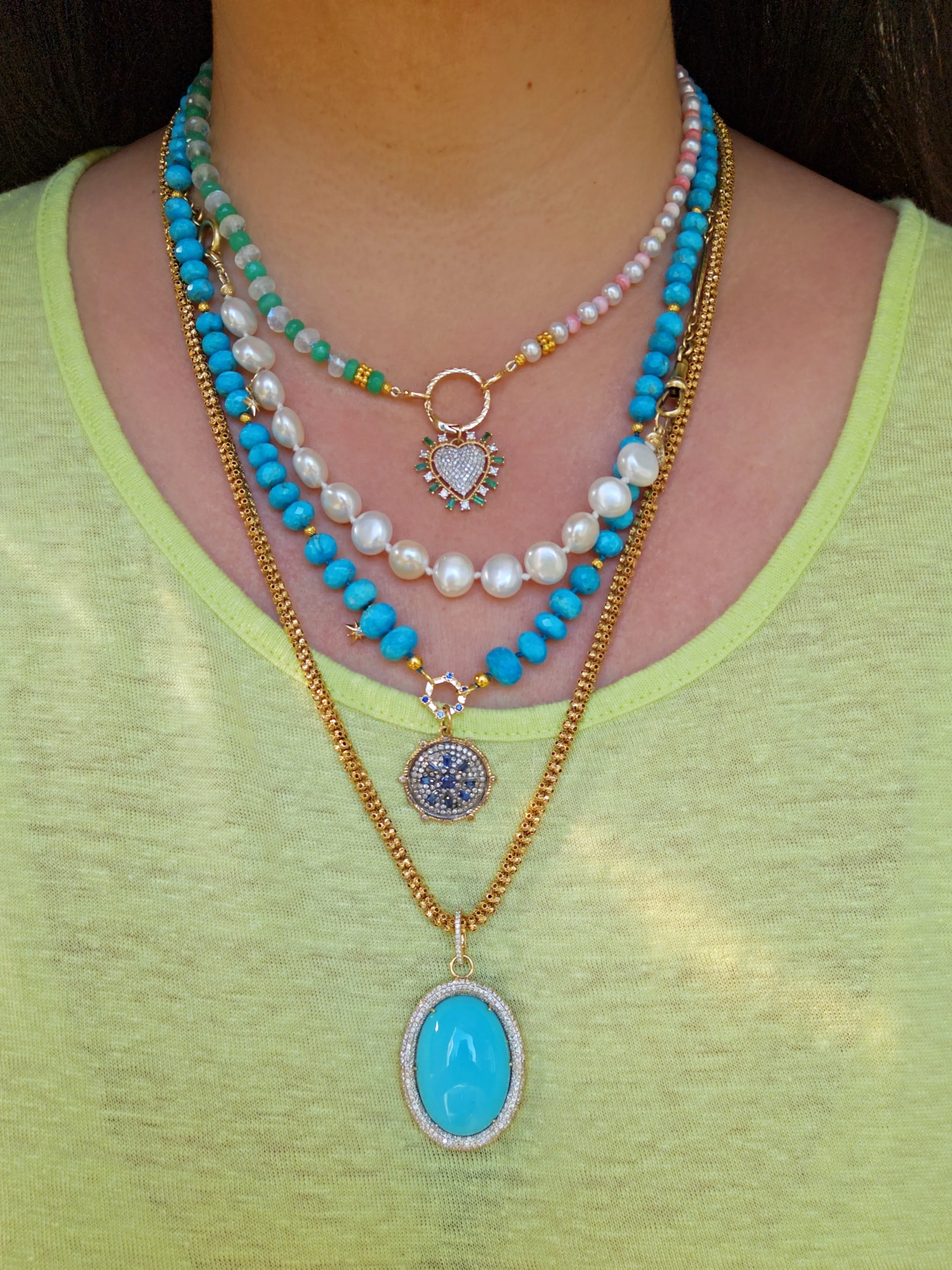 Natural Sleeping Beauty Turquoise Gold Necklace with Blue Sapphire Connector Clasp
