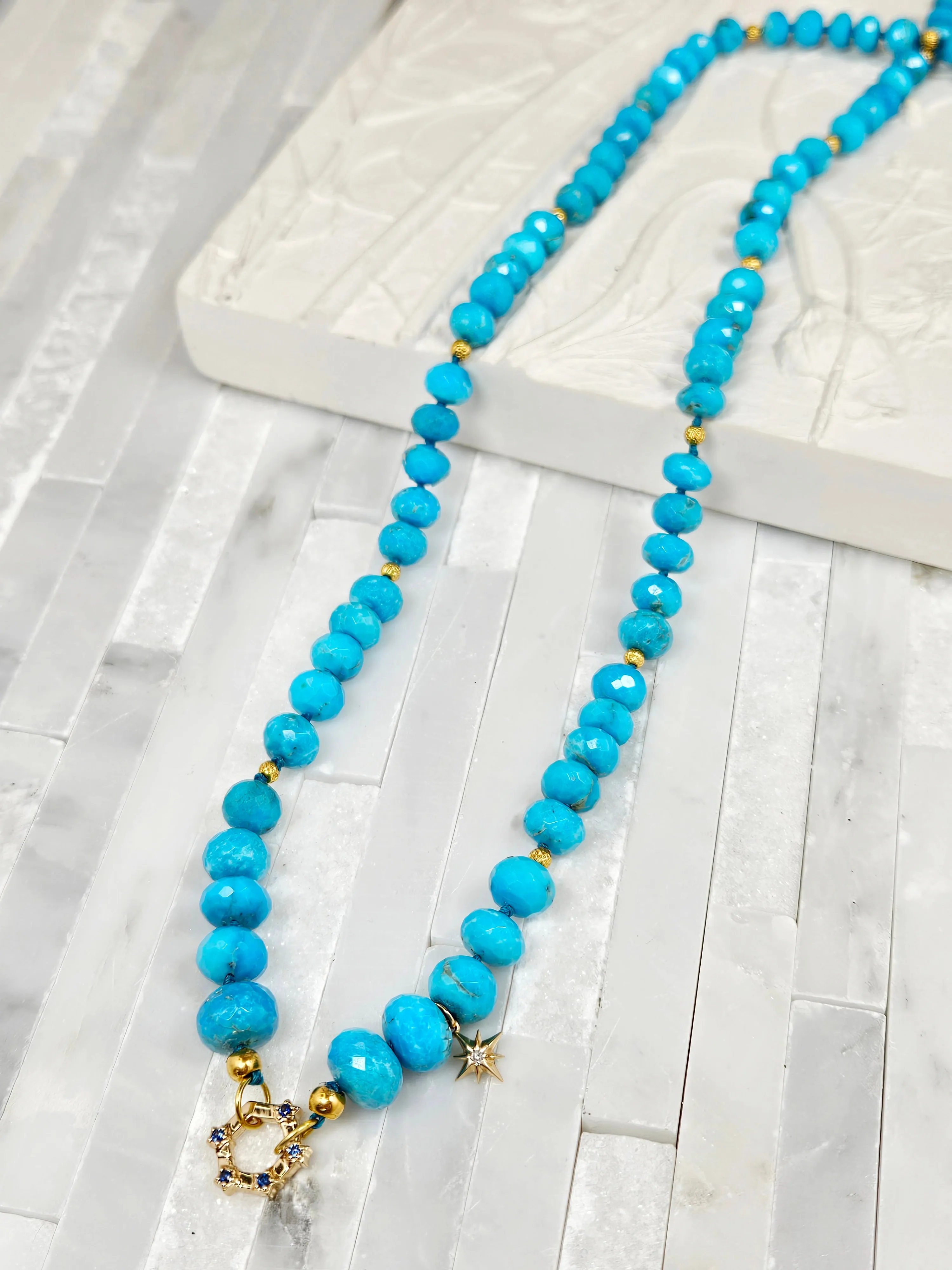 Natural Sleeping Beauty Turquoise Gold Necklace with Blue Sapphire Connector Clasp