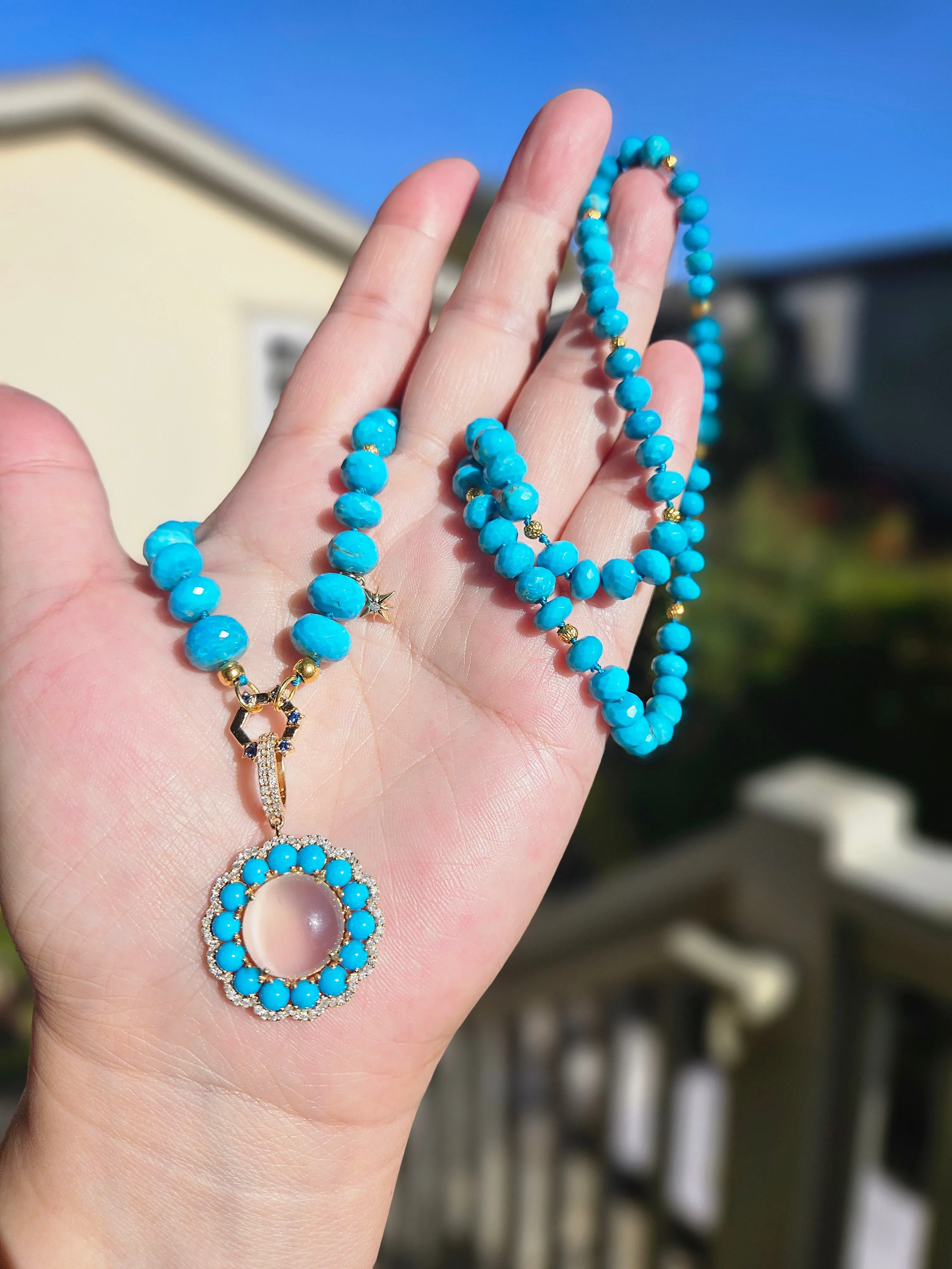 Natural Sleeping Beauty Turquoise Gold Necklace with Blue Sapphire Connector Clasp