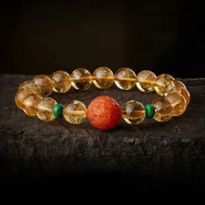 Natural Yellow Citrine Bracelet with South Red Agate Pixiu and Turquoise Beads