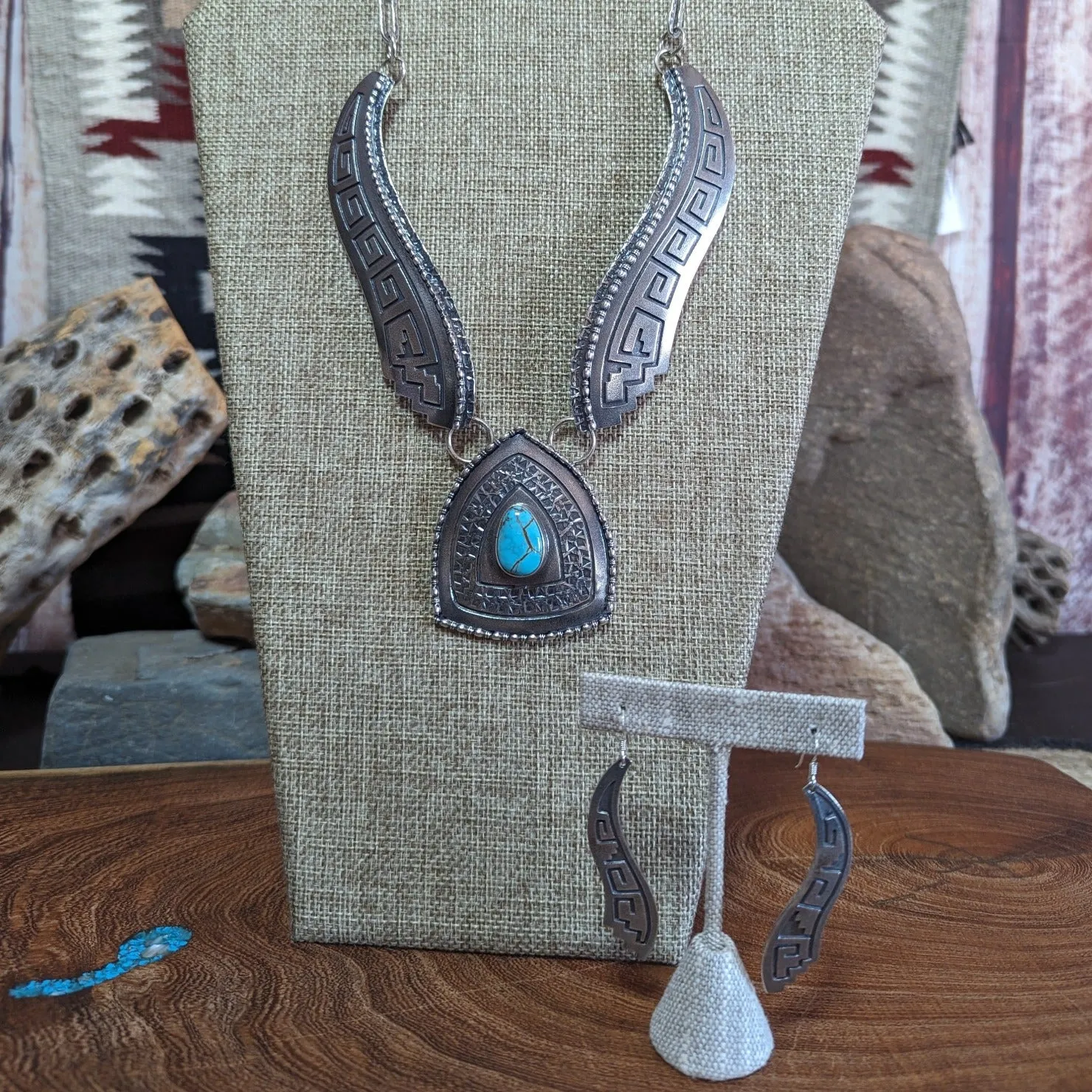 Navajo Handcrafted Sterling Silver & Turquoise Necklace & Earrings Set GJ-JWS-0010
