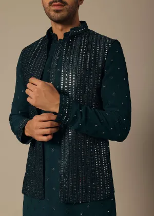 Navy Blue Jacket Set With Sequin Detail